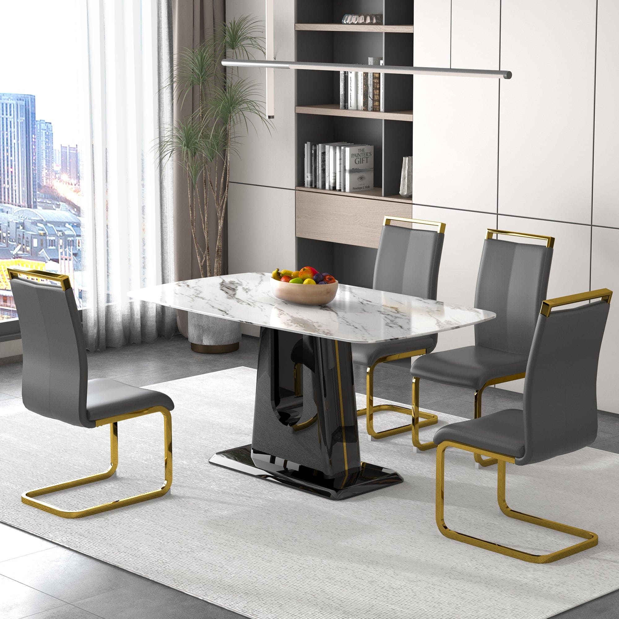 A modern, minimalist, and luxurious dining table with a white imitation marble tabletop and MDF legs with U-shaped brackets. Tables in restaurants and living rooms 63"*35.4"*30  F-U