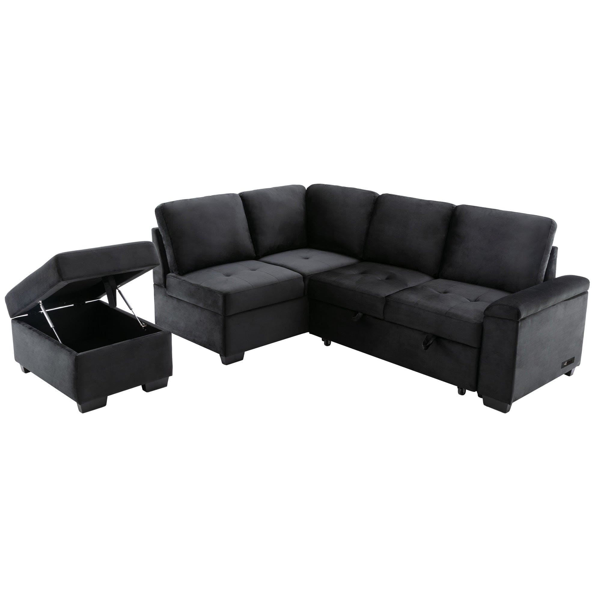 Sleeper Sectional Sofa, L-Shape Corner Couch Sofa-Bed with Storage Ottoman & Hidden Arm Storage & USB Charge  for Living Room Apartment, Black