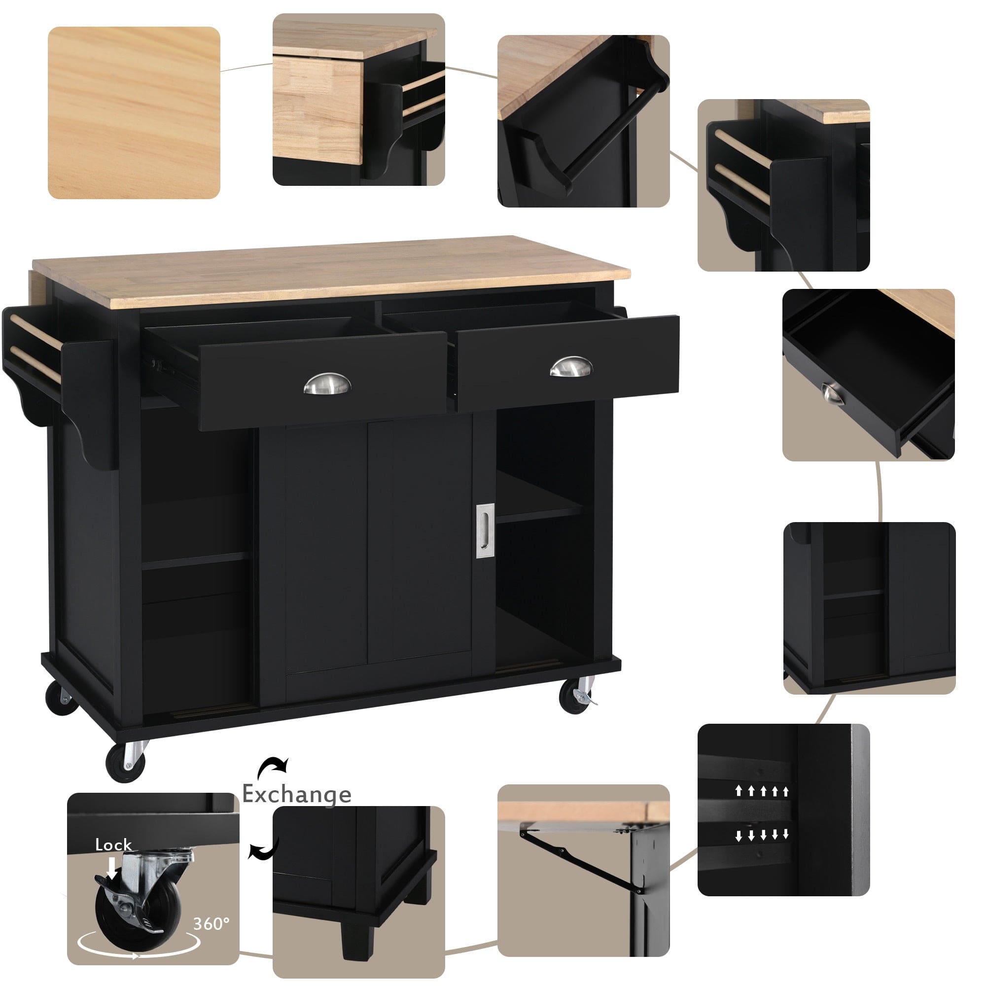 Kitchen Cart with Rubber wood Drop-Leaf Countertop, Concealed sliding barn door adjustable height,Kitchen Island on 4 Wheels with Storage Cabinet and 2 Drawers,L52.2xW30.5xH36.6 inch, Black