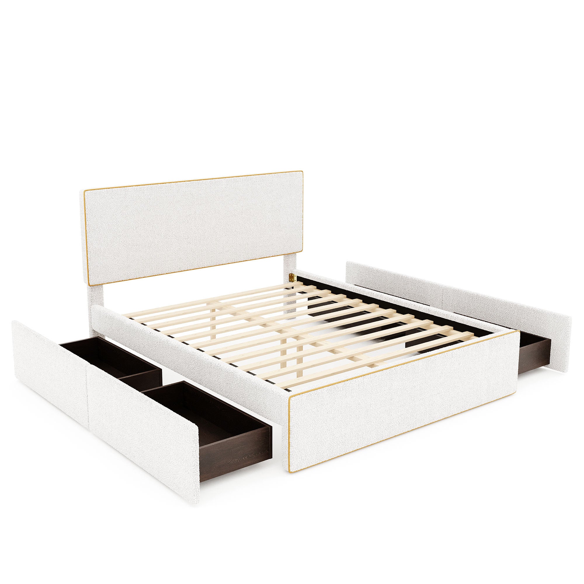 Full Size Upholstered Platform Bed with 4 Drawers and Golden Edge on the Headboard & Footboard, White