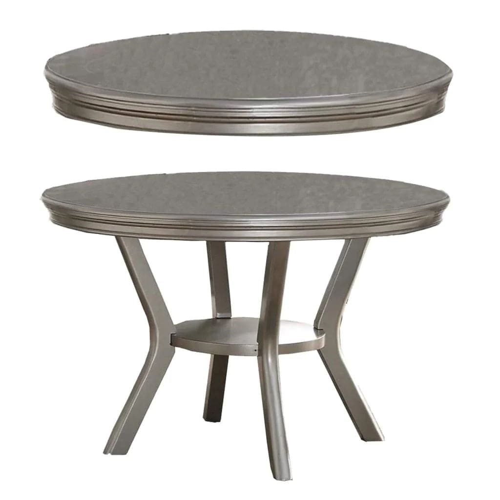 Formal Traditional Dining Table Round Table Silver Hue 5pc Dining Table w Shelf 4x Side Chairs Tufted Back Dining Room Furniture