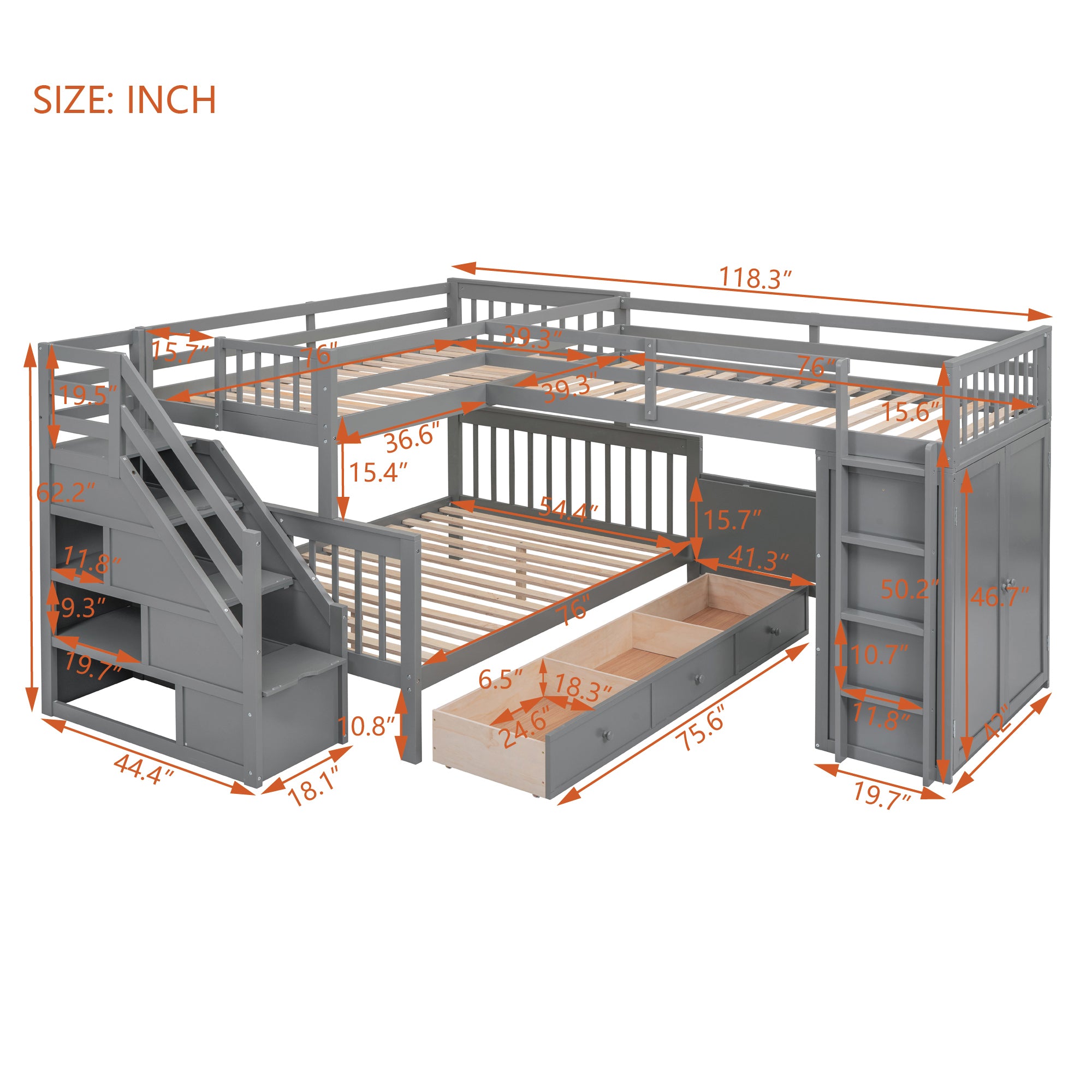 Twin-Twin over Full L-Shaped Bunk Bed With 3 Drawers, Portable Desk and Wardrobe, Gray