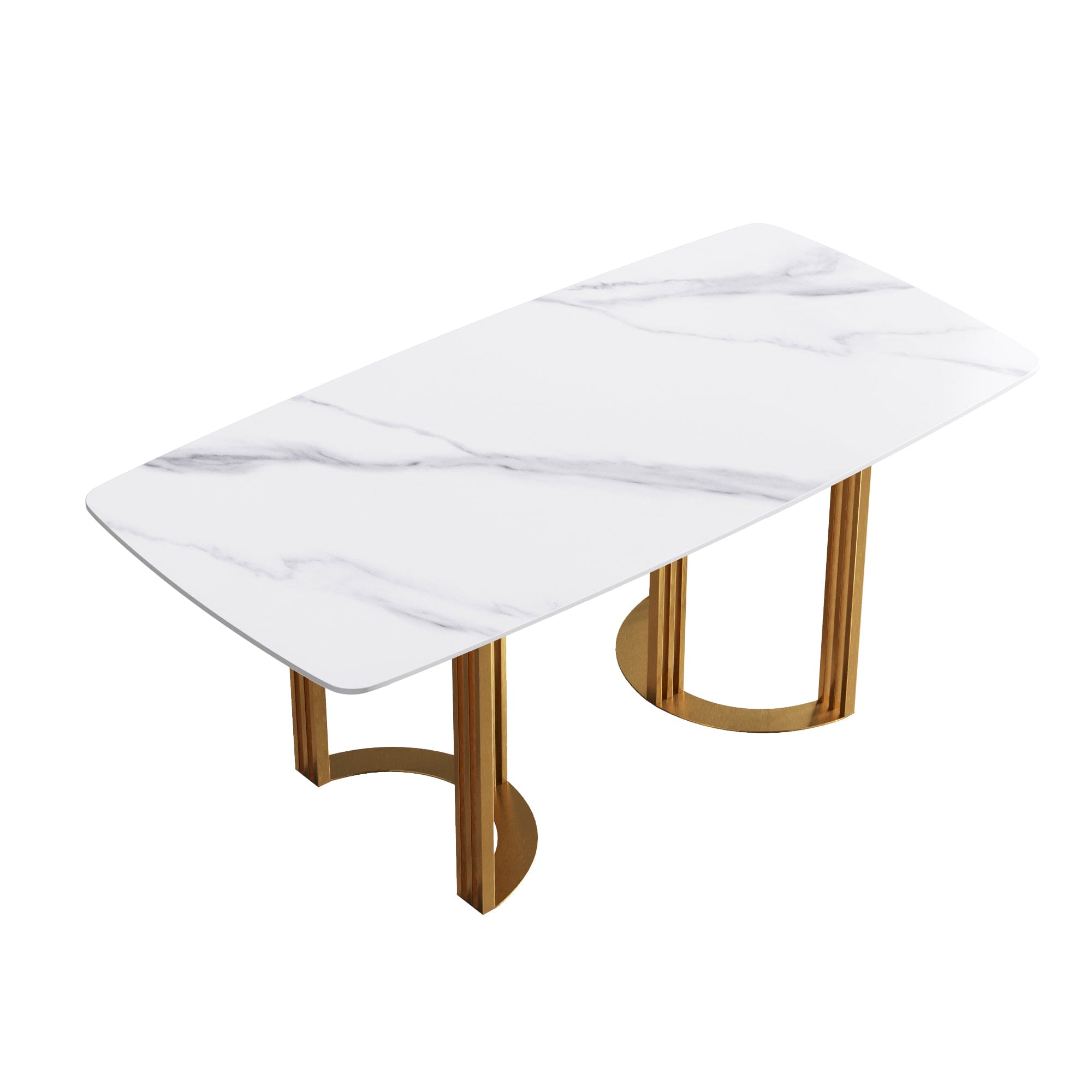 70.87"Modern artificial stone white curved golden metal leg dining table-can accommodate 6-8 people