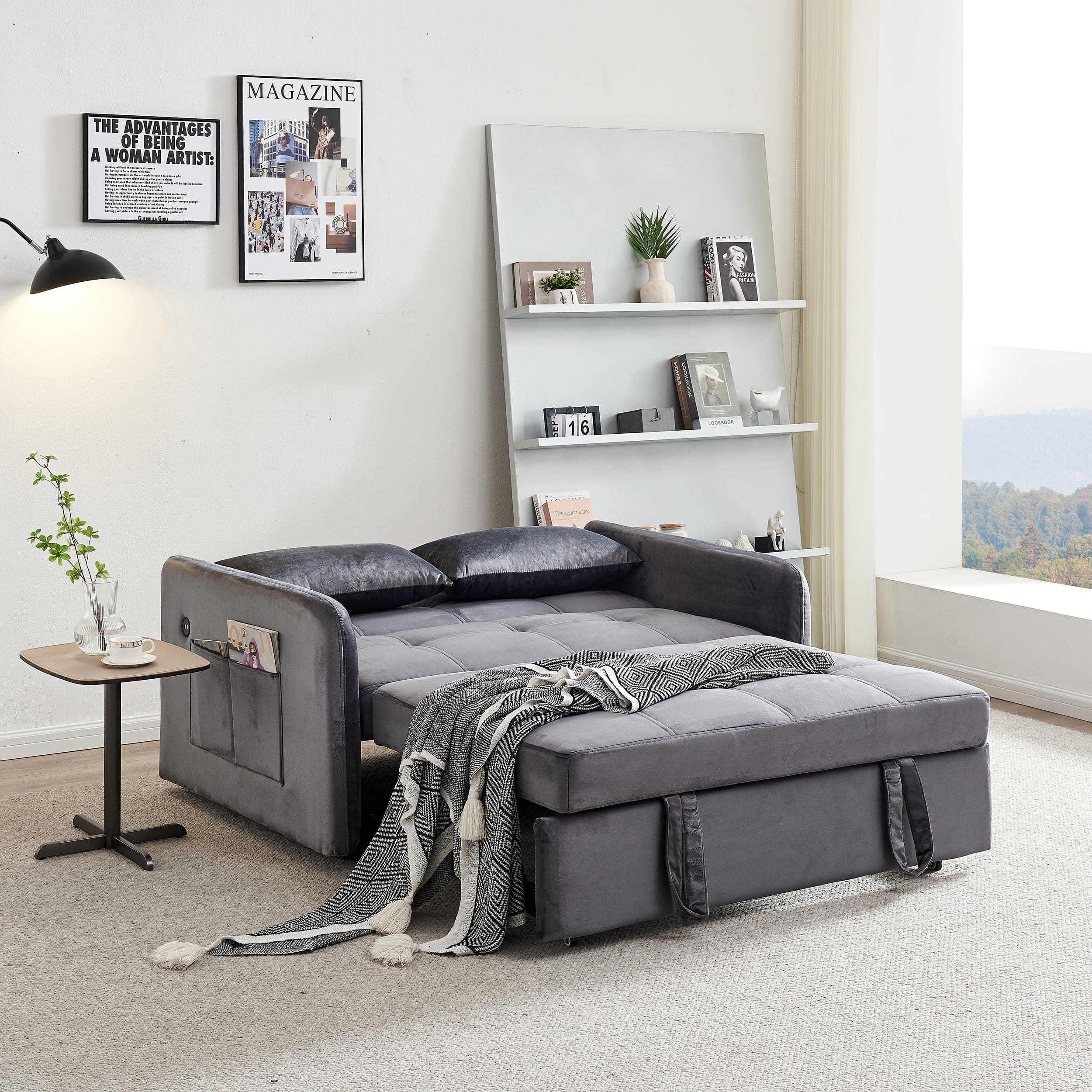 55.5" Twins Pull Out Sofa Bed  Grey Velvet