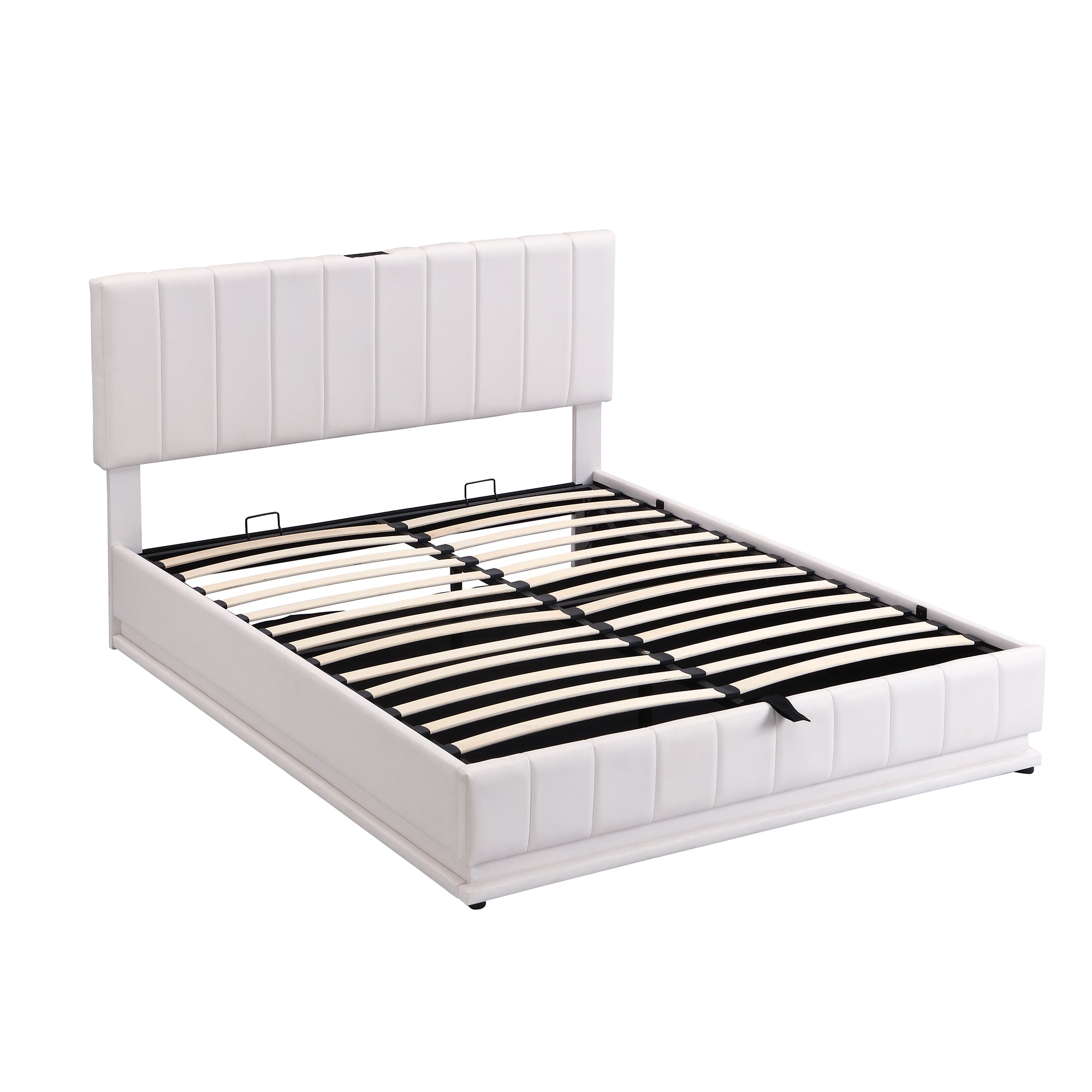 Queen Size Upholstered Bed with Hydraulic Storage System and LED Light, Modern Platform Bed with Sockets and USB Ports, White