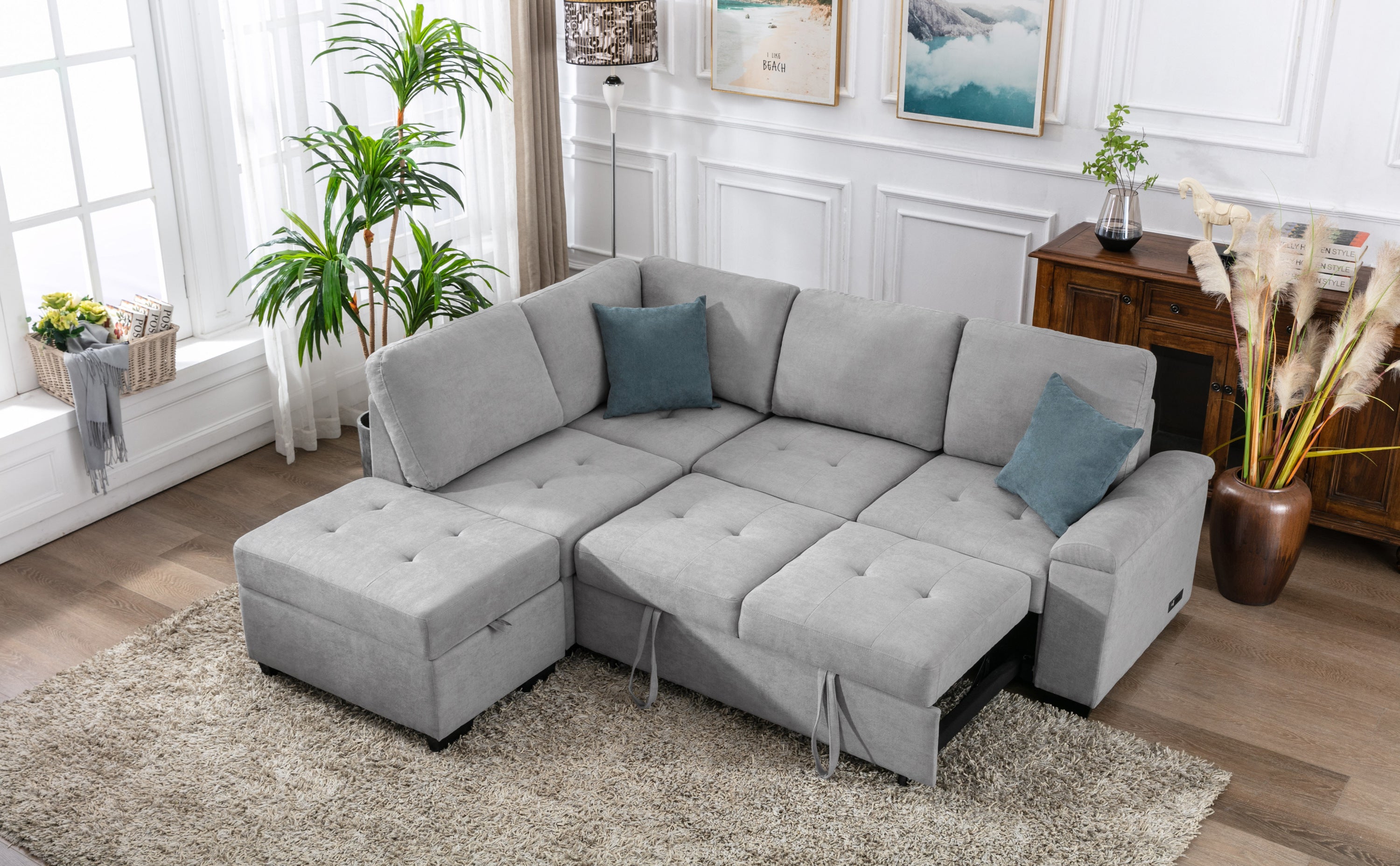 Sleeper Sectional Sofa, L-Shape Corner Couch Sofa-Bed with Storage Ottoman & Hidden Arm Storage & USB Charge  for Living Room Apartment, Gray