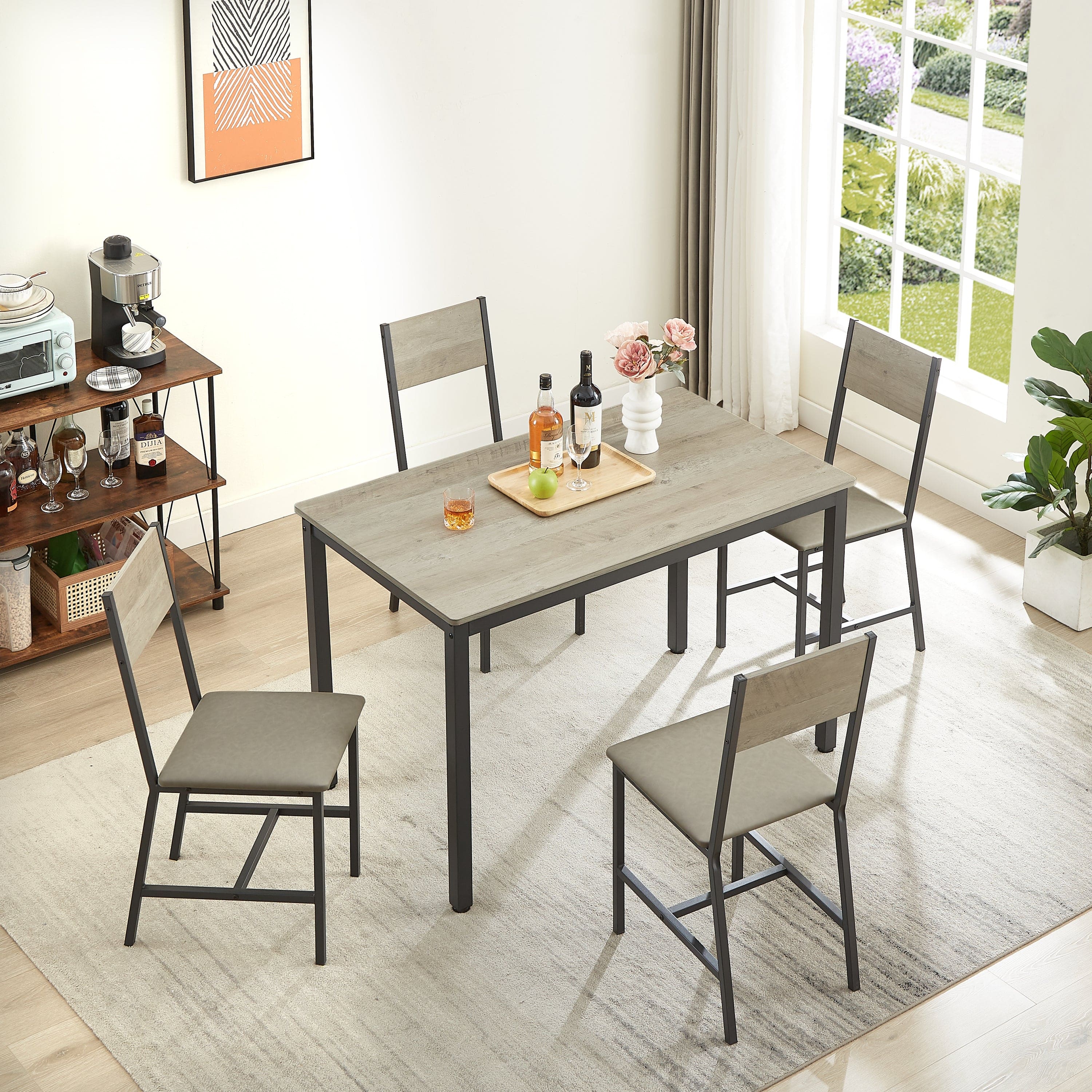 Dining Set for 5 Kitchen Table with 4 Upholstered Chairs, Grey, 47.2'' L x 27.6'' W x 29.7'' H.