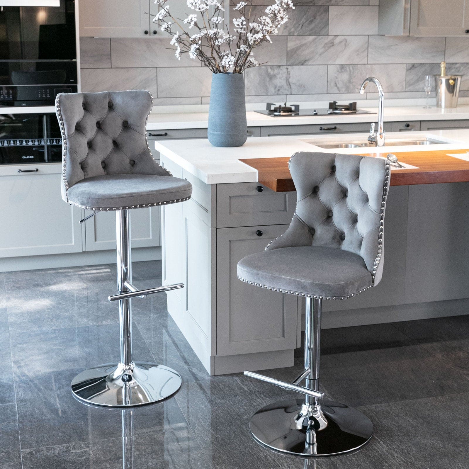 A&A Furniture,Swivel Velvet Barstools Gray Set of 2