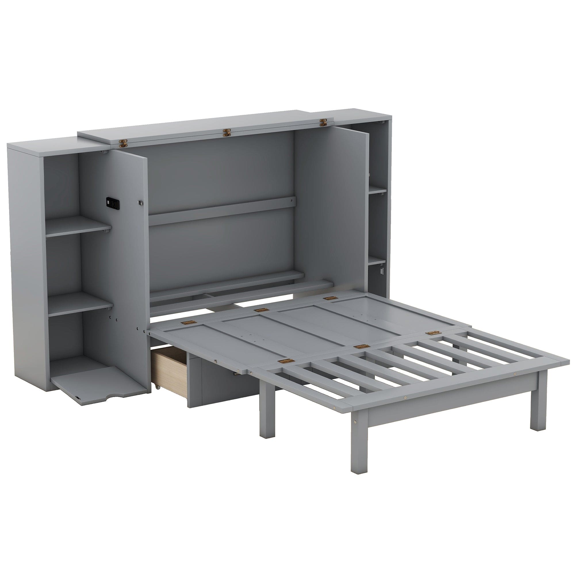 Queen Size Murphy Bed with Shelves, Drawers and USB Ports,Gray