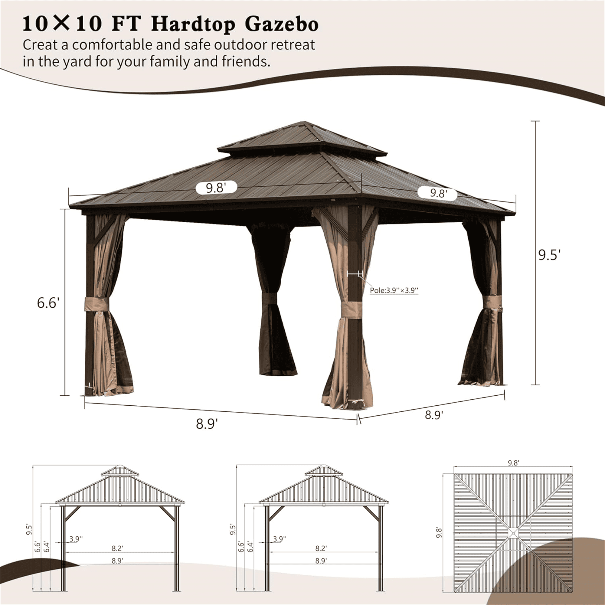 10' X 10' Hardtop Gazebo, Aluminum Metal Gazebo with Galvanized Steel Double Roof Canopy, Curtain and Netting, Permanent Gazebo Pavilion for Party, Wedding, Outdoor Dining, Brown