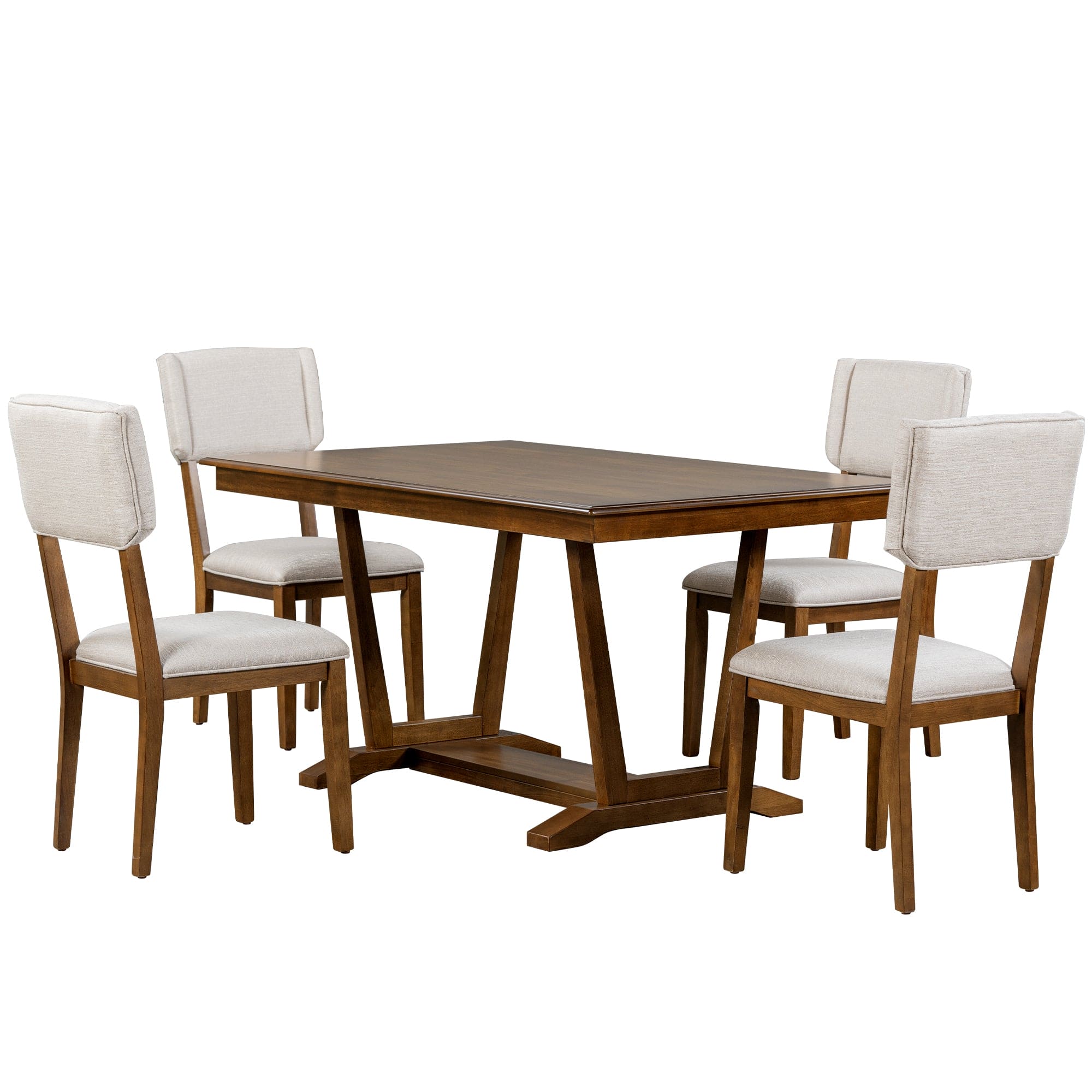 TOPMAX Rustic 5-piece Dining Table Set with 4 Upholstered Chairs, 59-inch Rectangular Dining Table with Trestle Table Base, Walnut