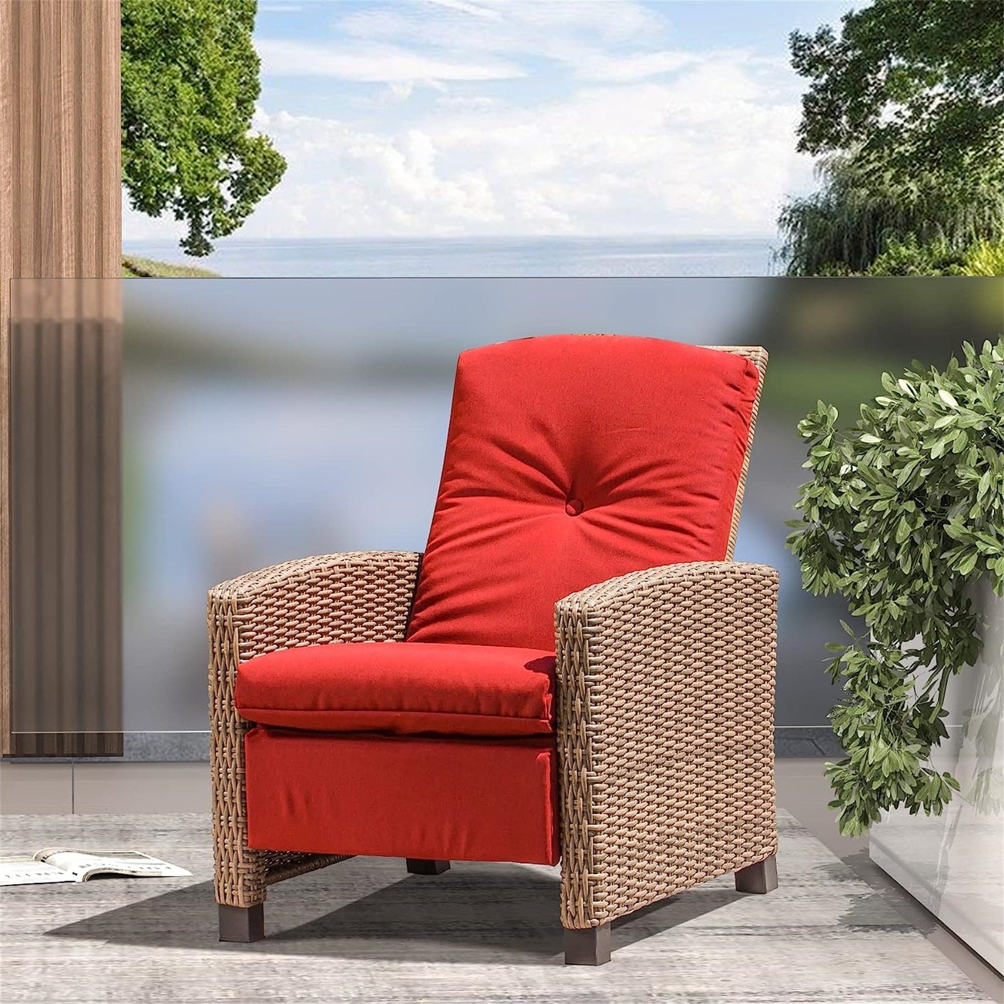 Indoor & Outdoor Recliner, All-Weather Wicker Reclining Patio Chair, Red Cushion (Red,1 Chair)