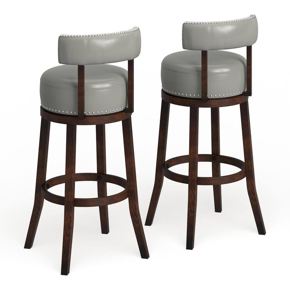 Sherly Set of 2 Bar stool 30" Swivel Stool Dark Oak Solid wood Dark Gray Leatherette Chairs Dining Room