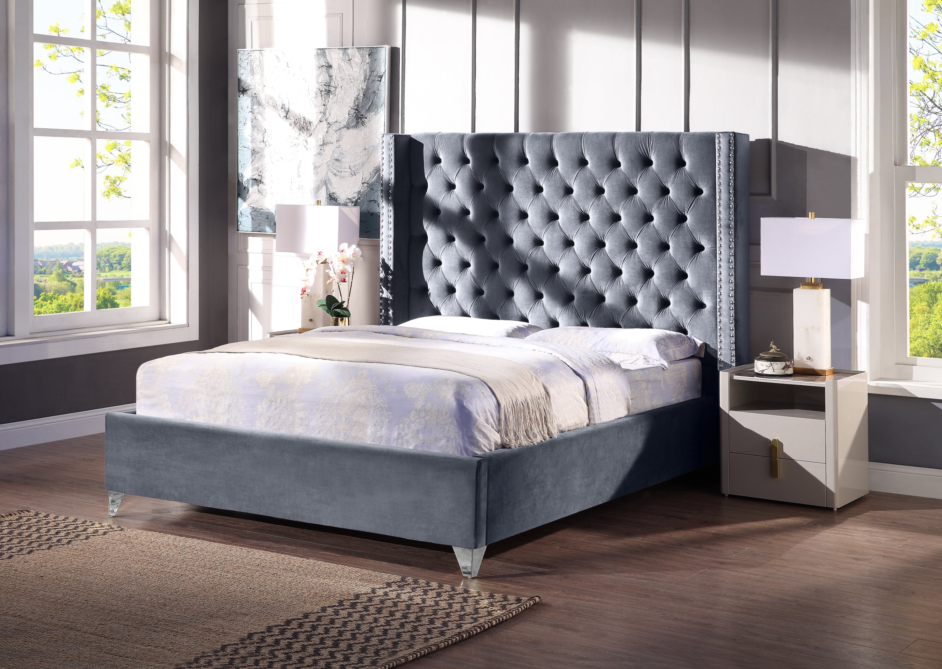 Contemporary Velvet Upholstered Bed with Deep Button Tufting, Solid Wood Frame, High-density Foam, Silver Metal Leg, Queen Size