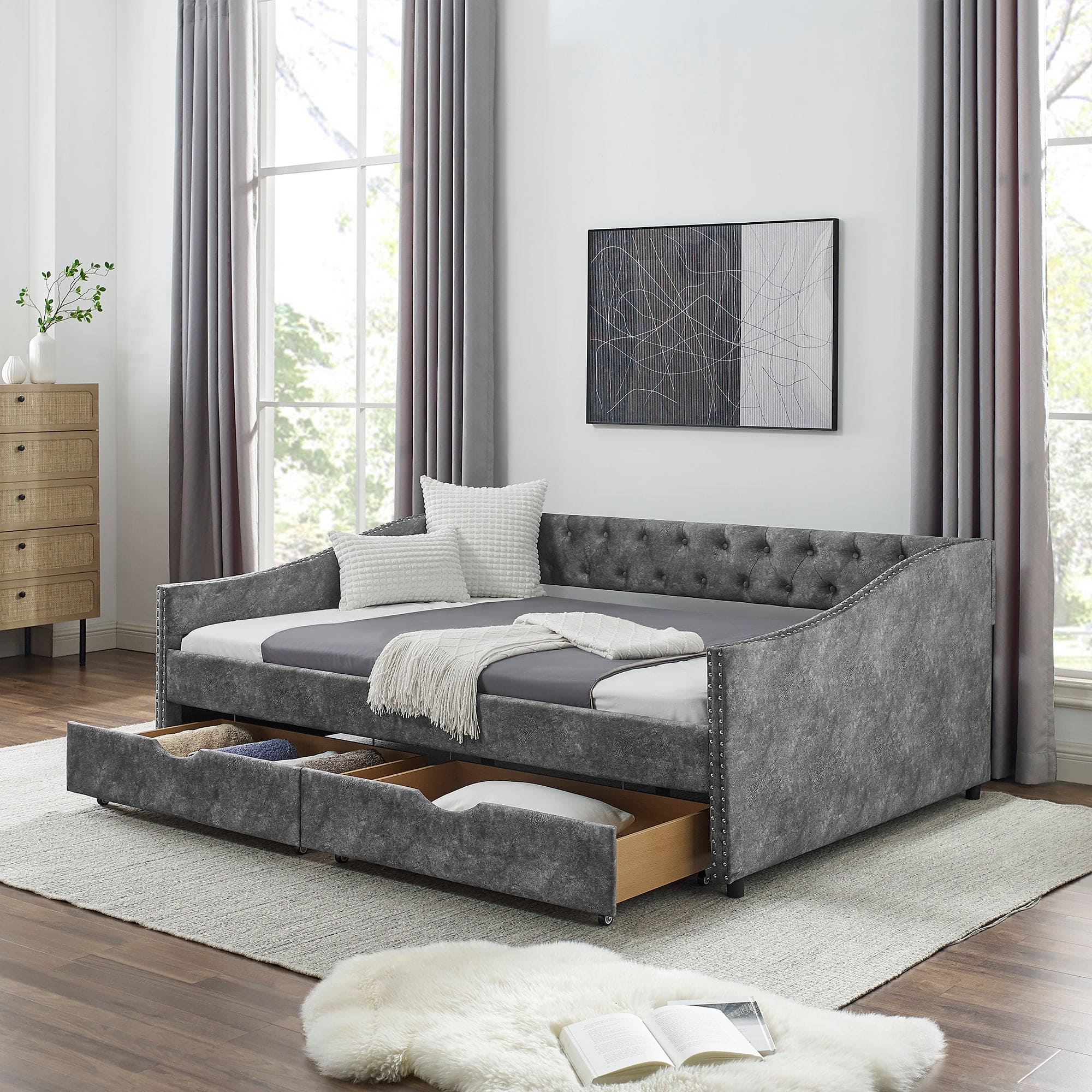 Full Size Daybed with Drawers Upholstered Tufted Sofa Bed, with Button on Back and Copper Nail on Waved Shape Arms, Grey (80.5''x55.5''x27.5'')