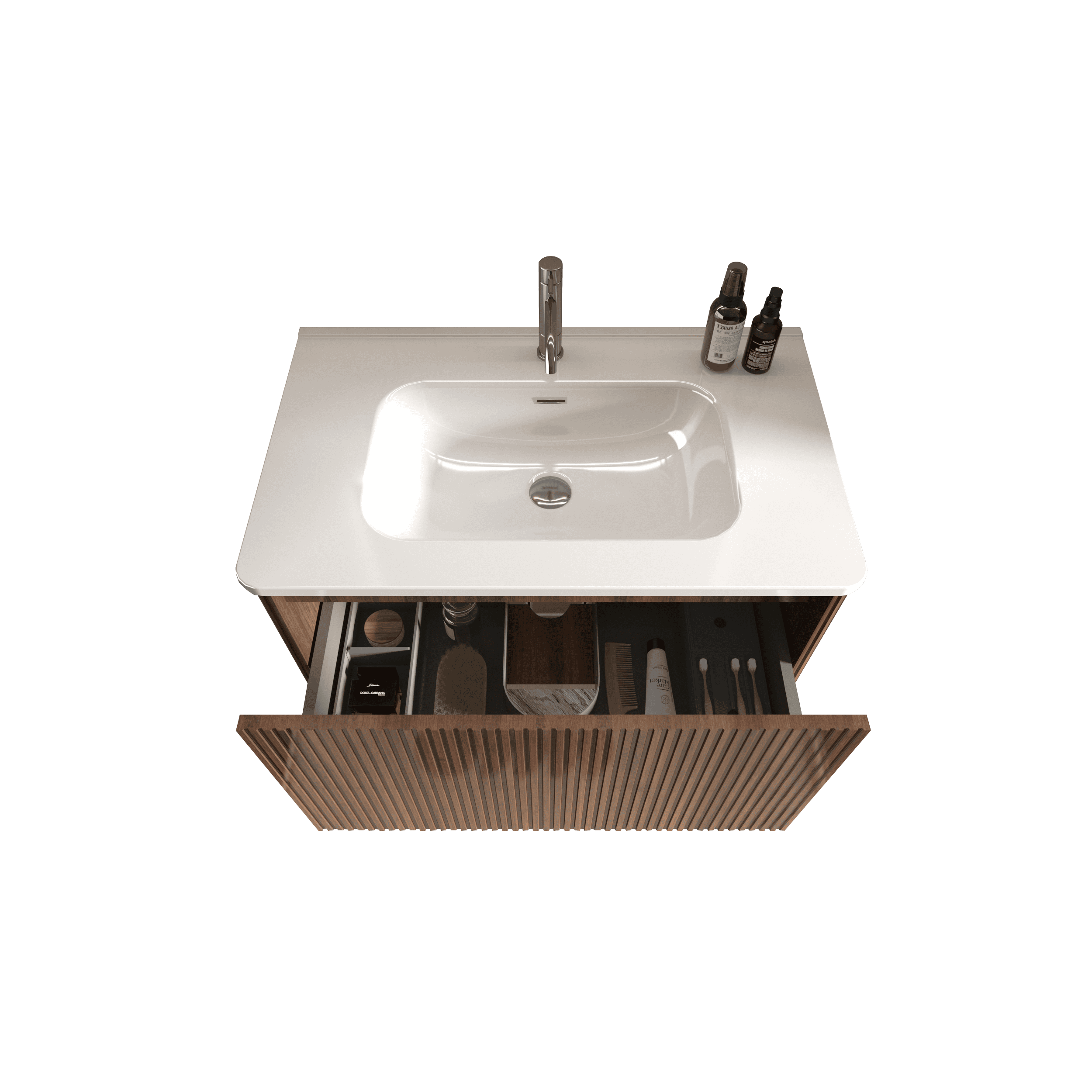 U047-Etna30W-305 Etna 30" Striped Walnut Bathroom Vanity with White Ceramic Sink, Wall Mounted Floating Bathroom Vanity for Modern Bathroom, One-Piece White Basin without Drain and Faucet