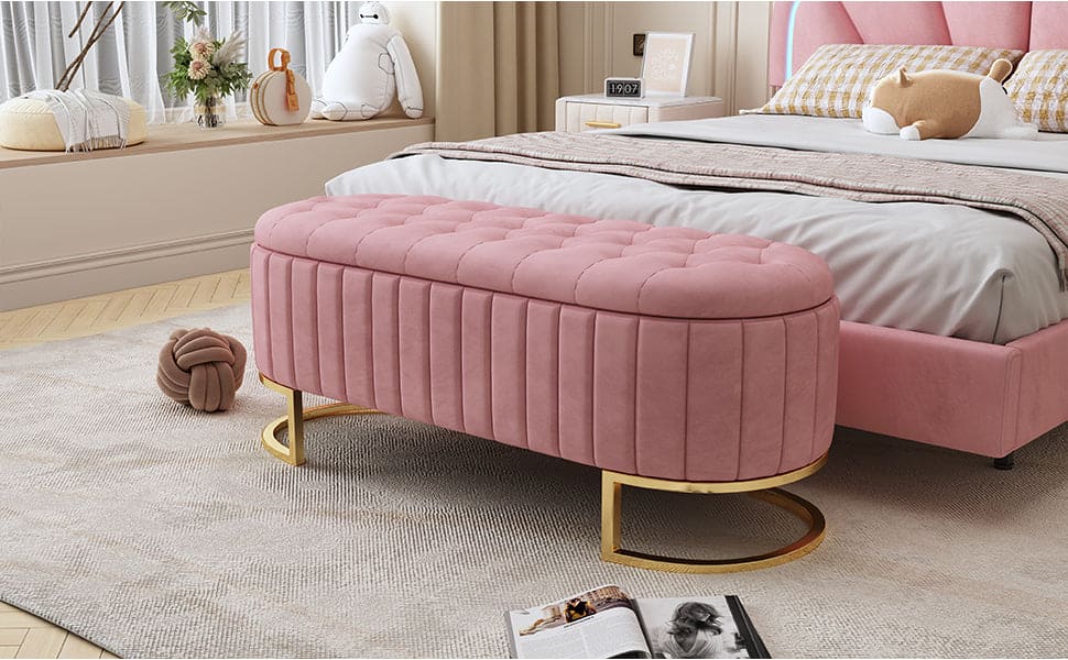 Elegant Upholstered Velvet Storage Ottoman with Button-Tufted,Storage Bench with Metal Legs for Bedroom,Living Room,Fully Assembled Except Legs,Pink