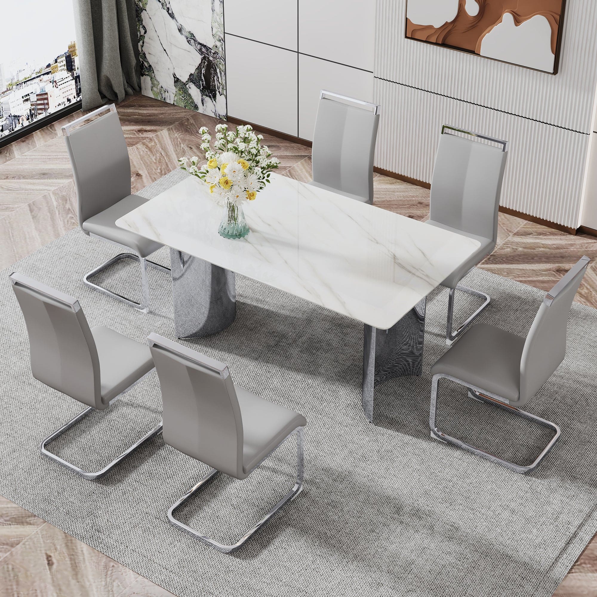 Modern minimalist dining table. White imitation marble glass sticker desktop, stainless steel legs, stable and beautiful. Suitable for living room and dining room  63" *35.4" *29.5"   DT-69