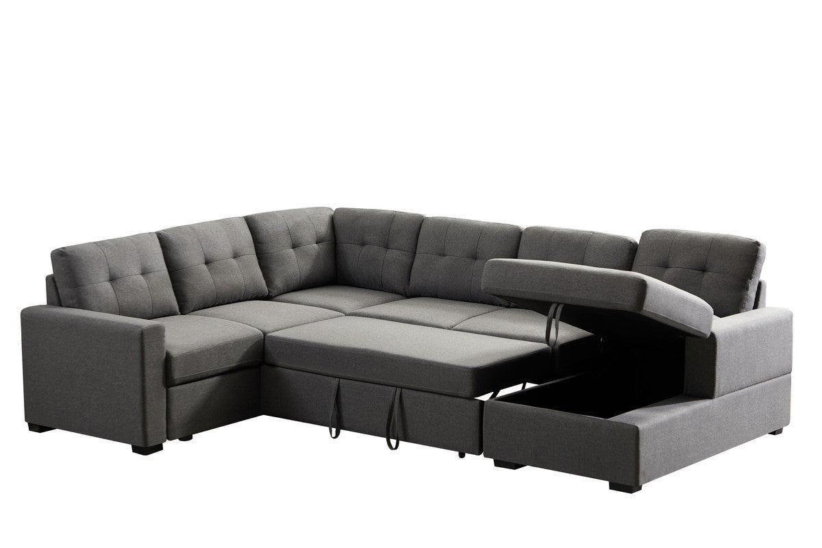 Selene Dark Gray Linen Fabric Sleeper Sectional Sofa with Storage Chaise