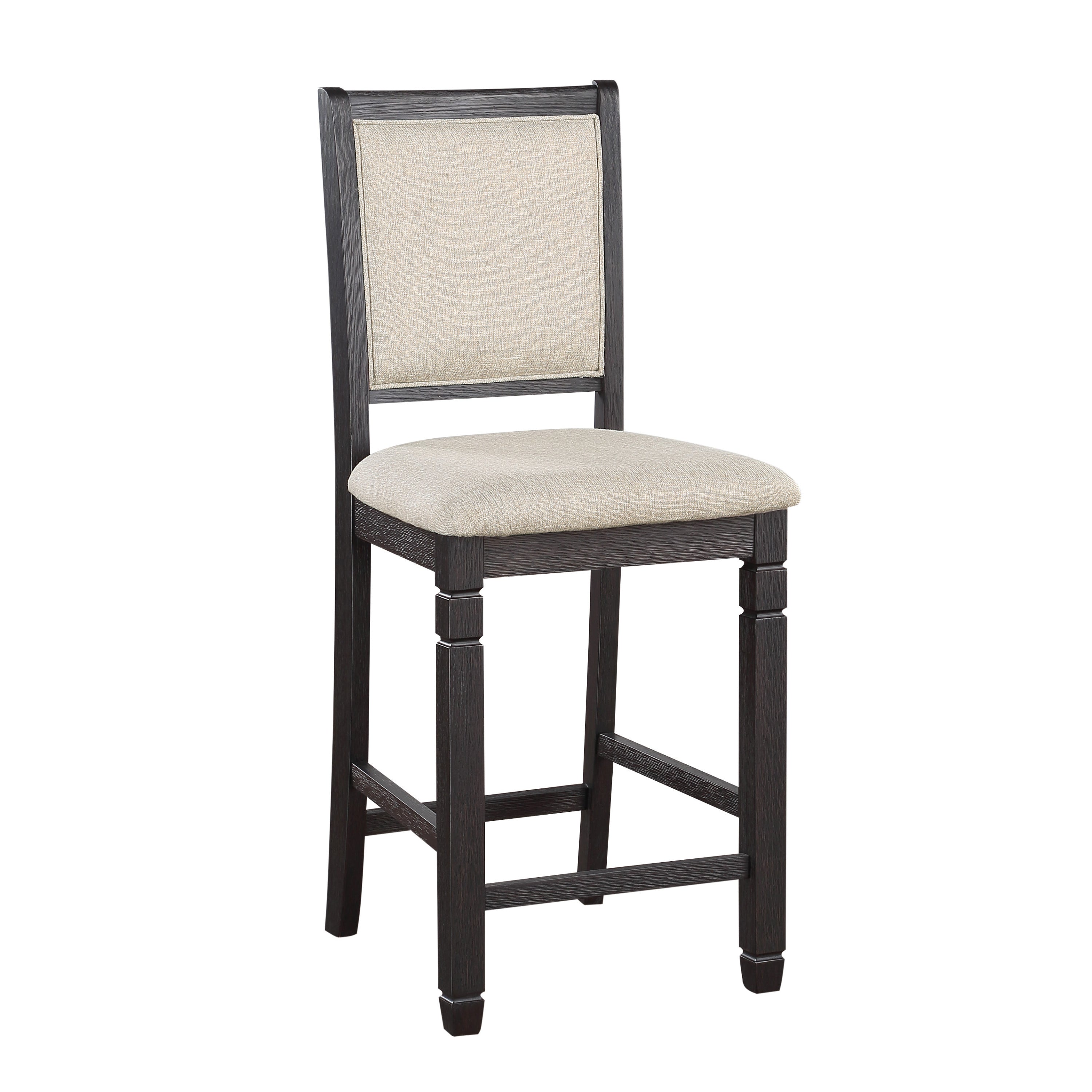 Beautiful Black Finish Wooden Counter Height Chairs 2pcs Set Beige Color Textured Fabric Upholstered Dining Chairs