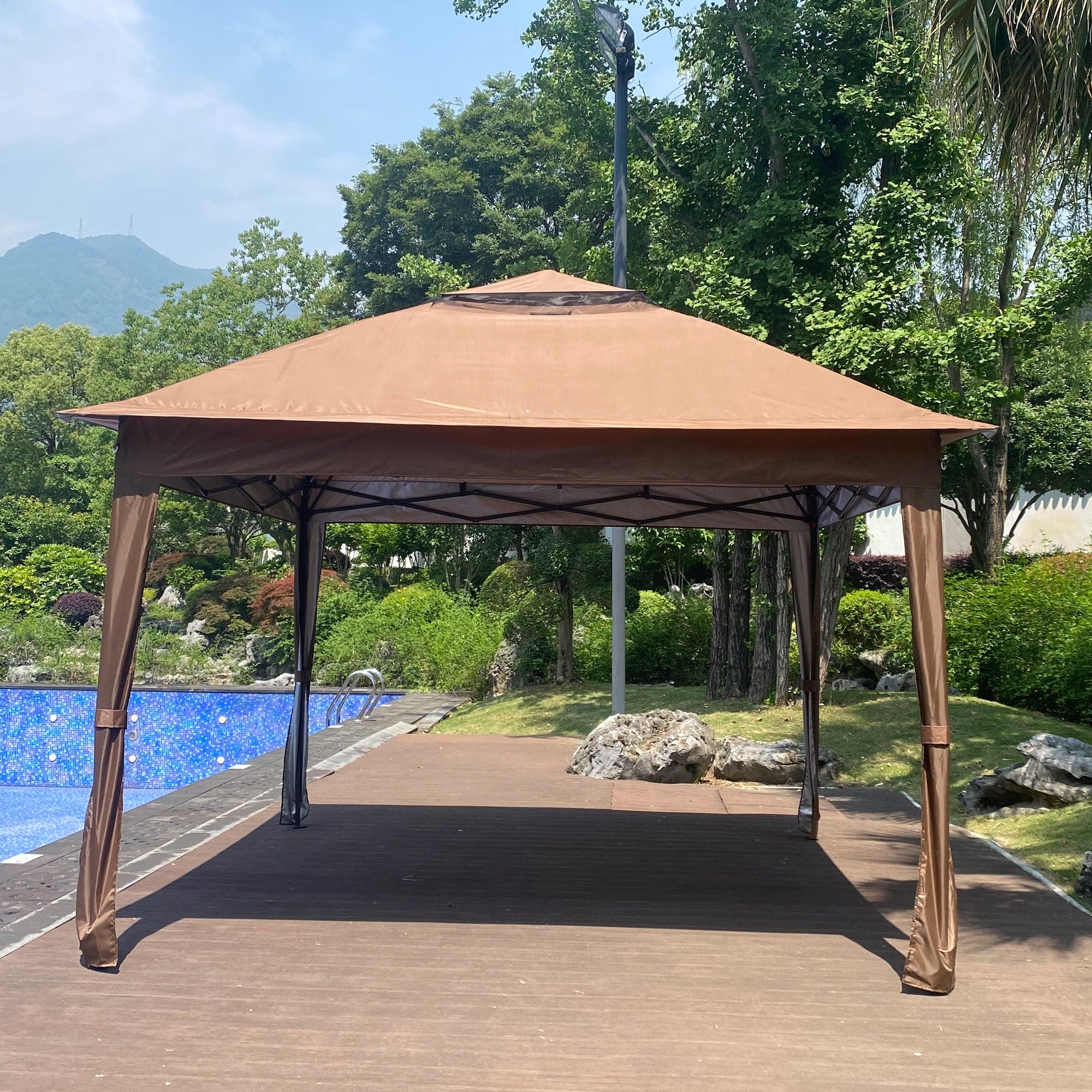 Outdoor 11x 11Ft Pop Up Gazebo Canopy With Removable Zipper Netting,2-Tier Soft Top Event Tent,Suitable For Patio Backyard Garden Camping Area with 4 Sandbags,Brown