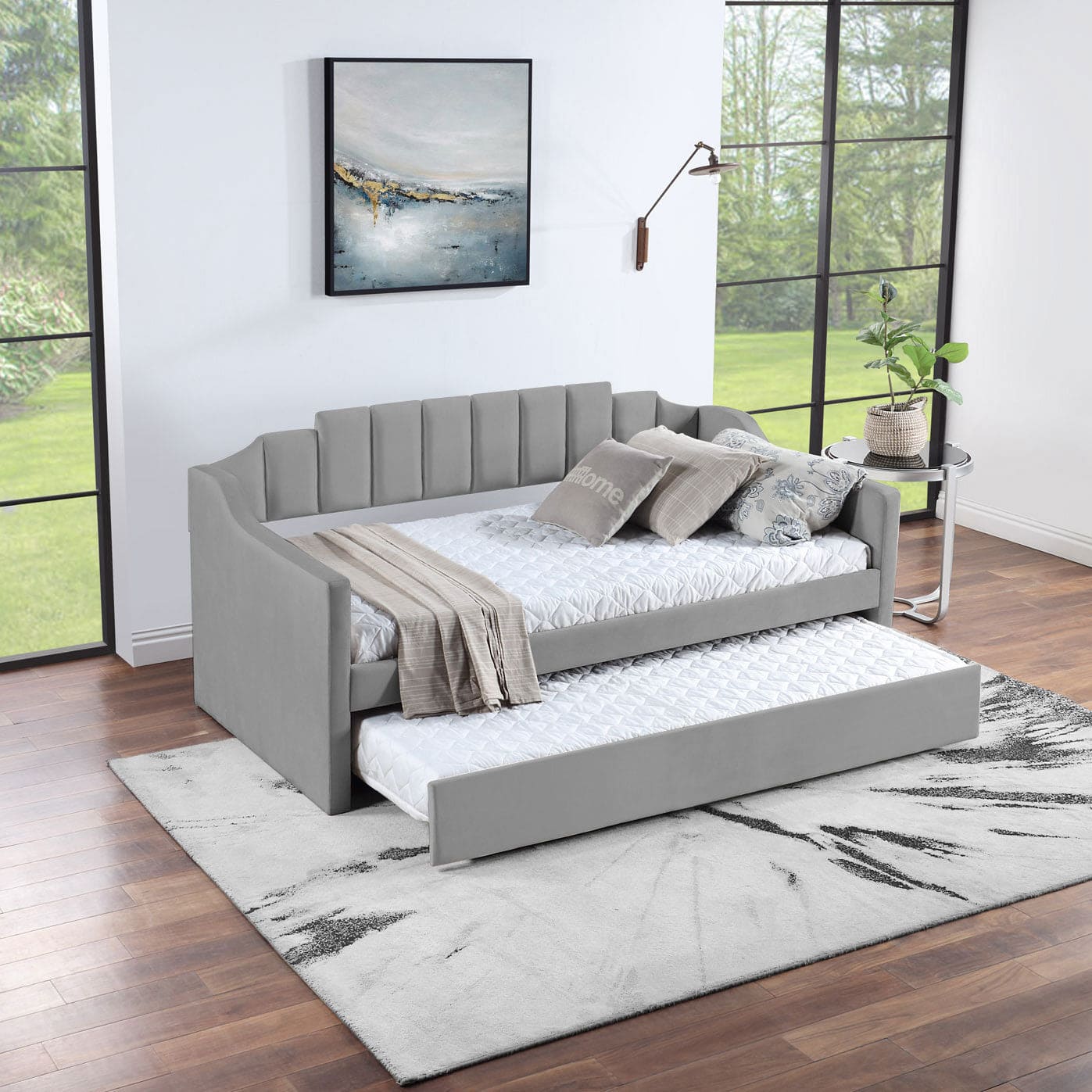 Velvet Daybed with Trundle Upholstered Tufted Sofa Bed,  both Twin Size, Grey