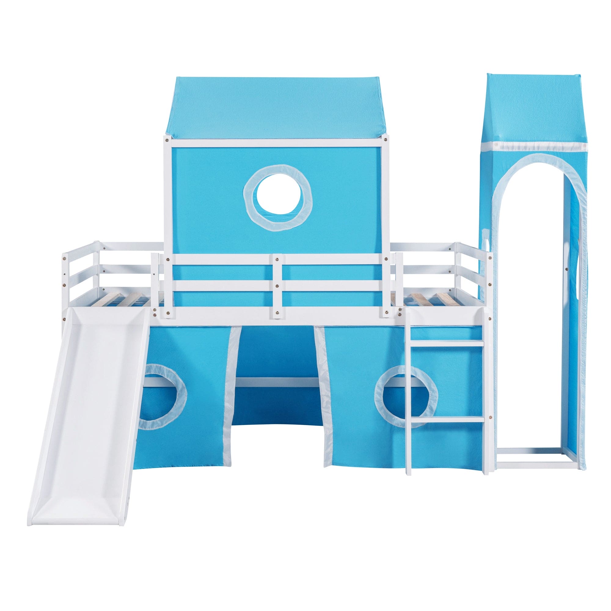 Twin Size Bunk Bed with Slide Blue Tent and Tower - Blue