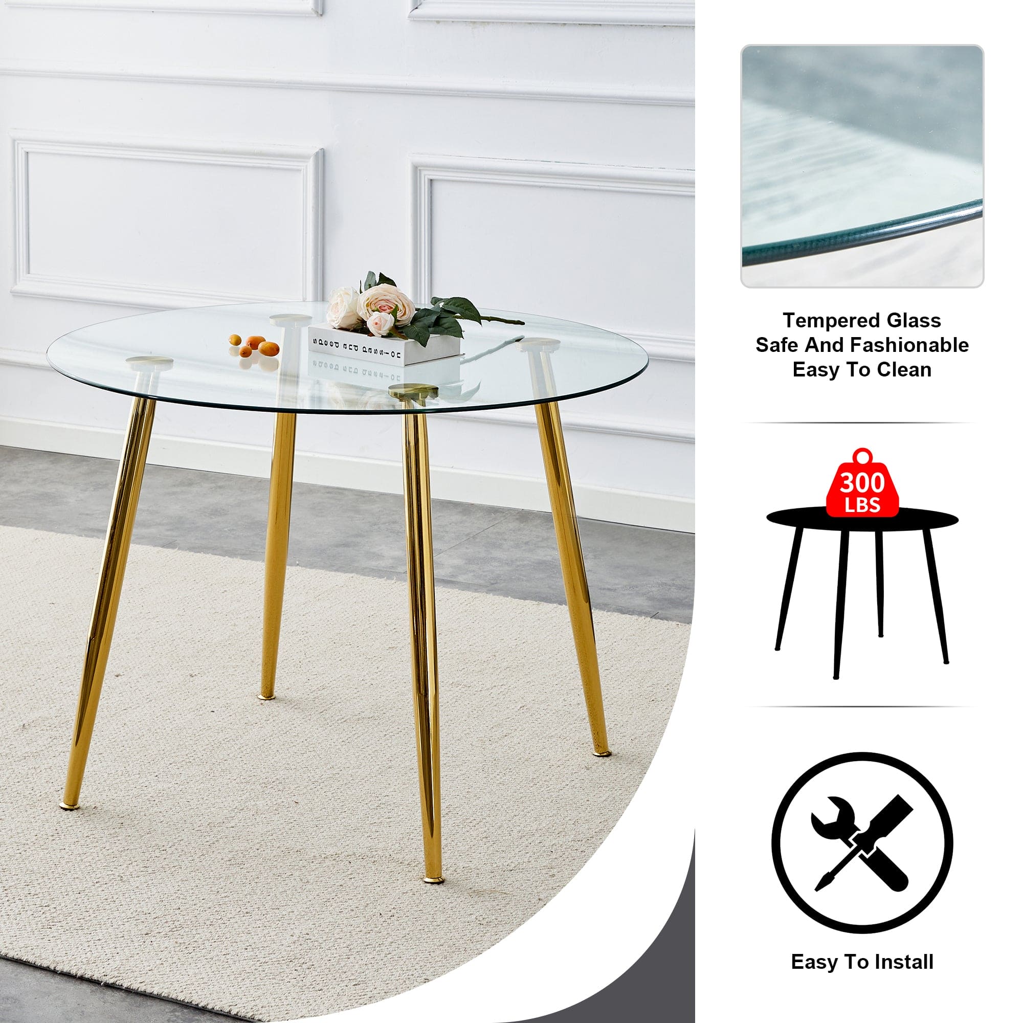 A glass tabletop with a diameter of 40 inches and a modern minimalist circular dining table with gold plated metal legs. 40 '* 40' * 30 ' DT-1164