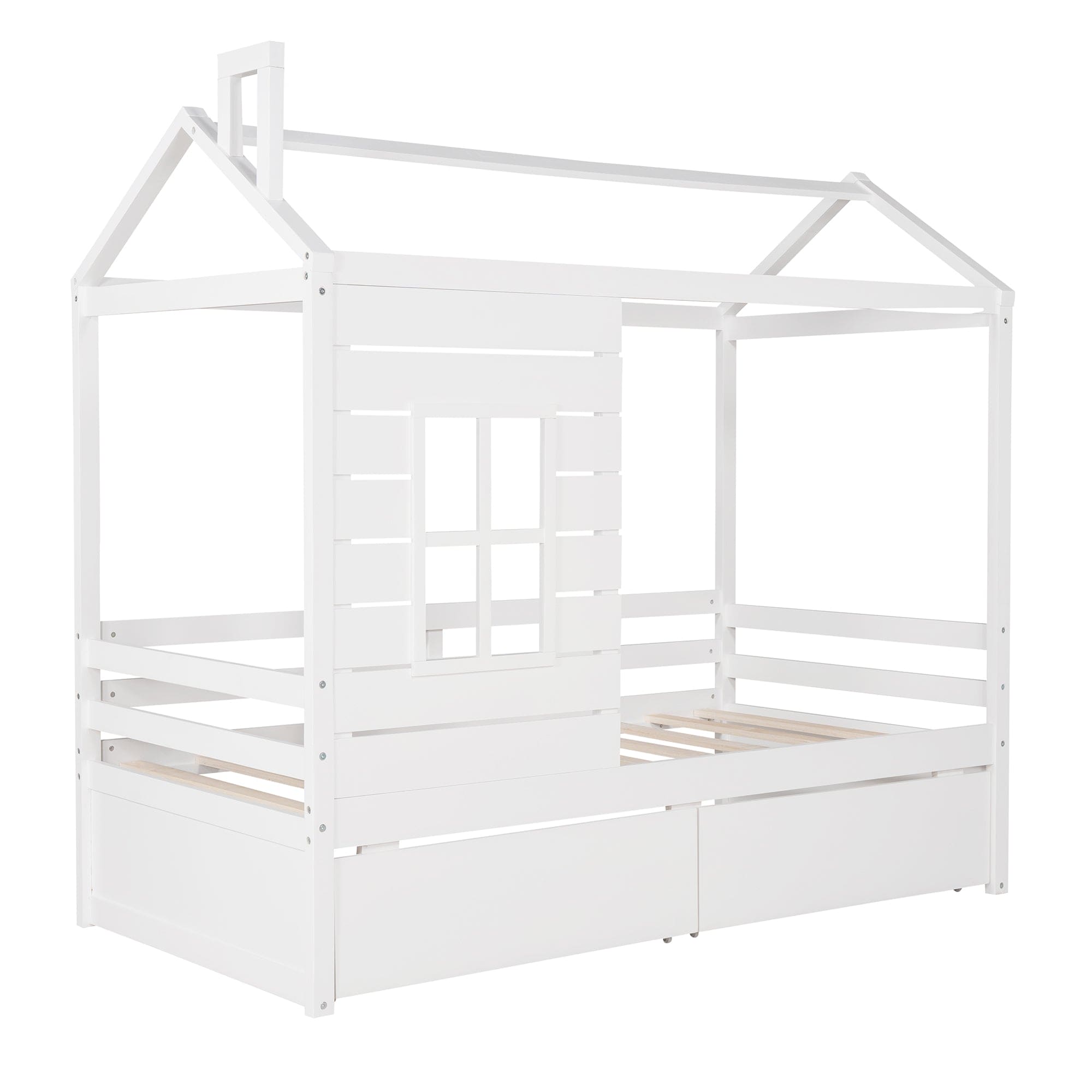 Twin Size House Bed Wood Bed with Two Drawers ( White )