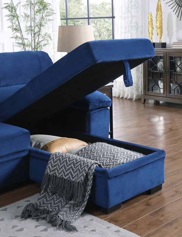 Kipling Blue Velvet Fabric Reversible Sleeper Sectional Sofa Chaise