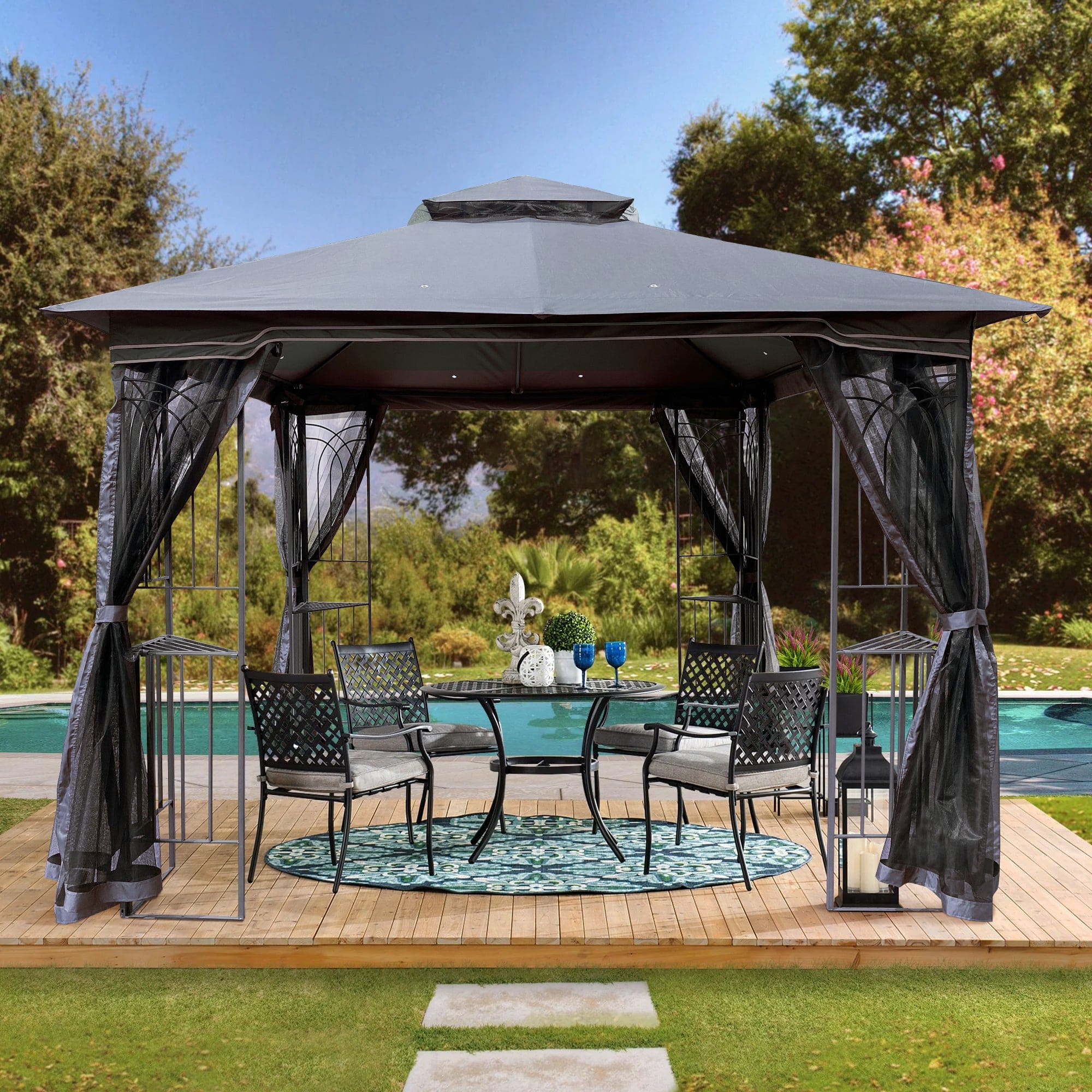 10x10 Outdoor Patio Gazebo Canopy Tent With Ventilated Double Roof And Mosquito net(Detachable Mesh Screen On All Sides),Suitable for Lawn, Garden, Backyard and Deck,Gray Top