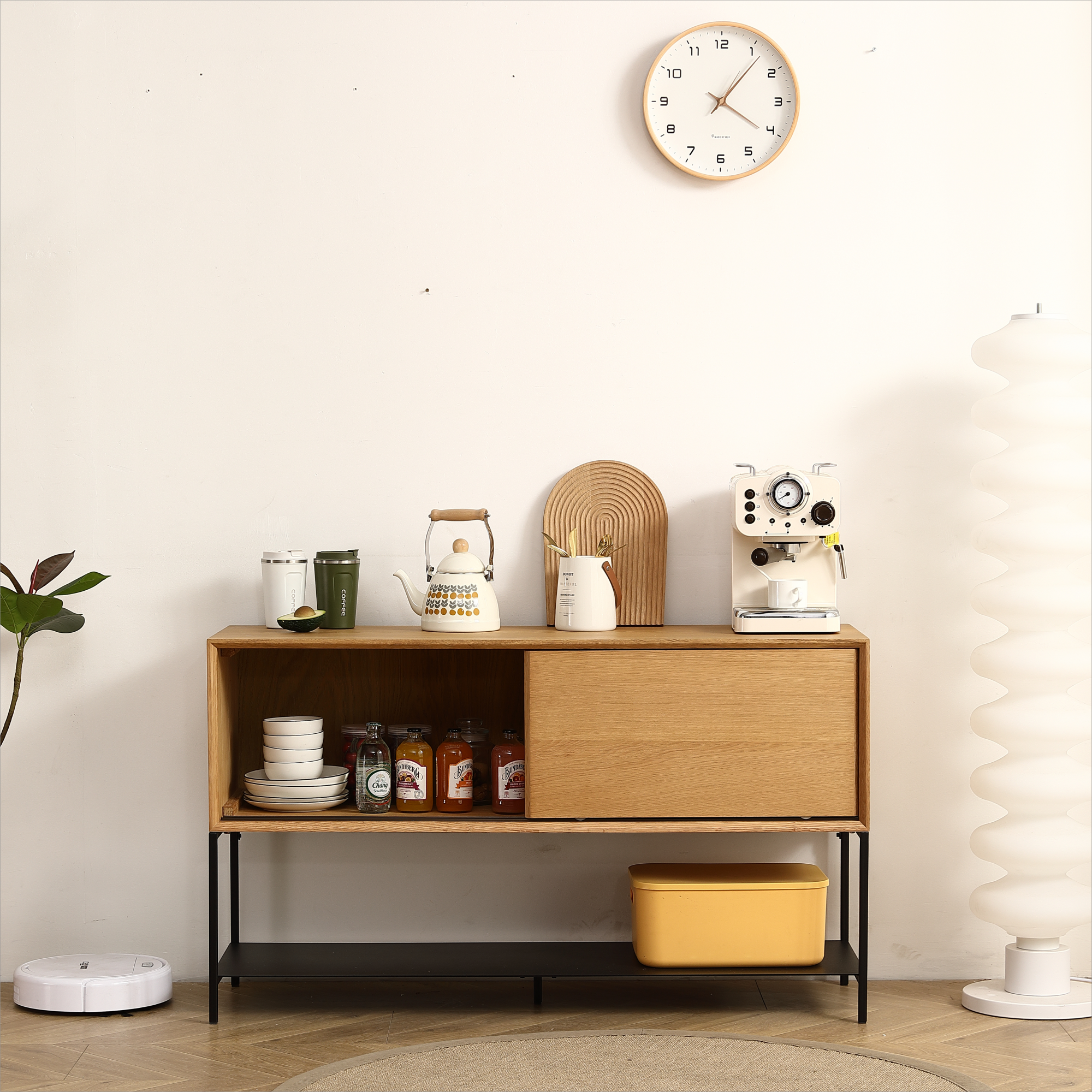 Sideboard Buffet Cabinet.White Rubber and MDF Two Door Sliding Cabinet for Dining Room, 47.24 inches