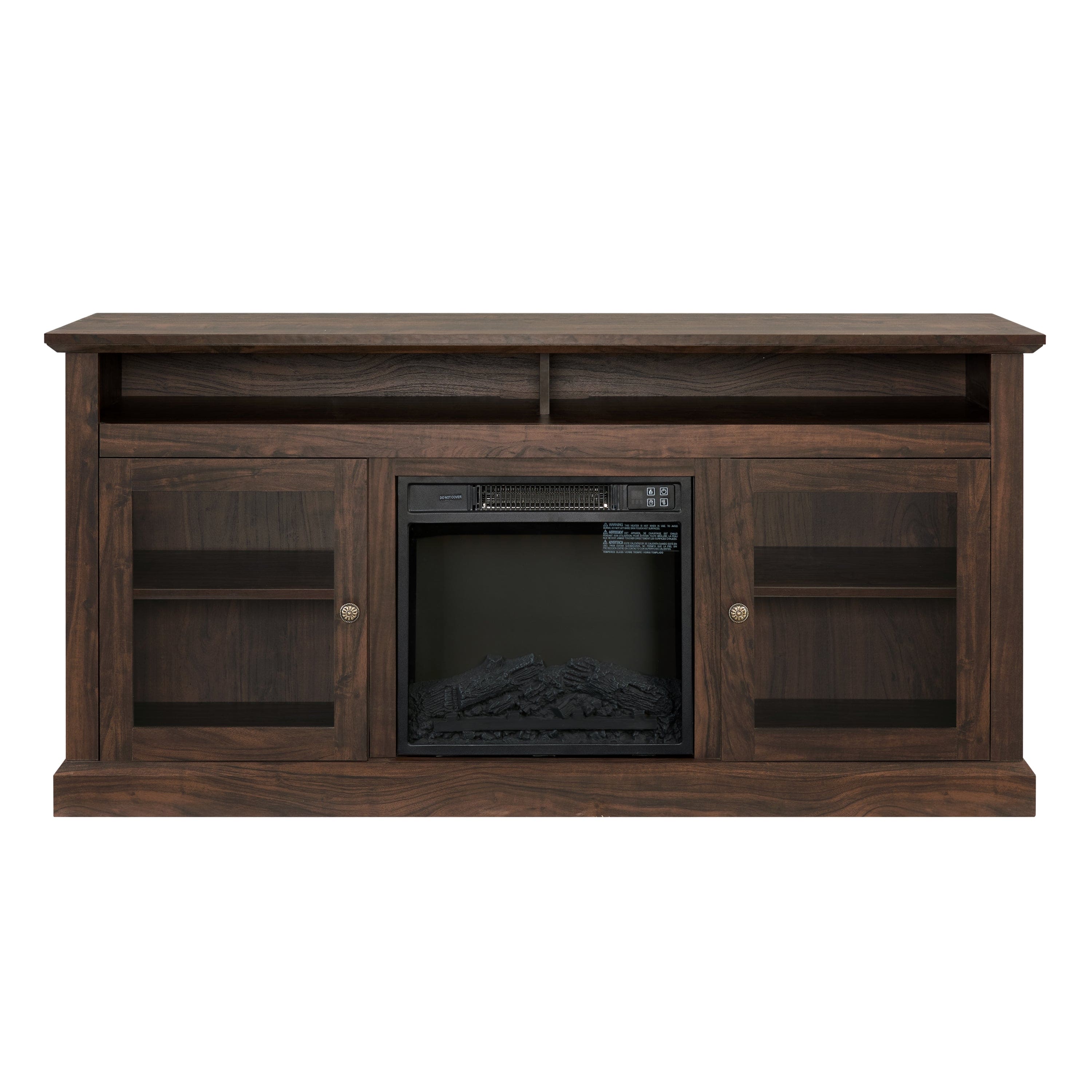 Contemporary TV Media Stand Modern Entertainment Console with 18" Fireplace Insert for TV Up to 65" with Open and Closed Storage Space, Brown, 60"W*15.75"D*29"H