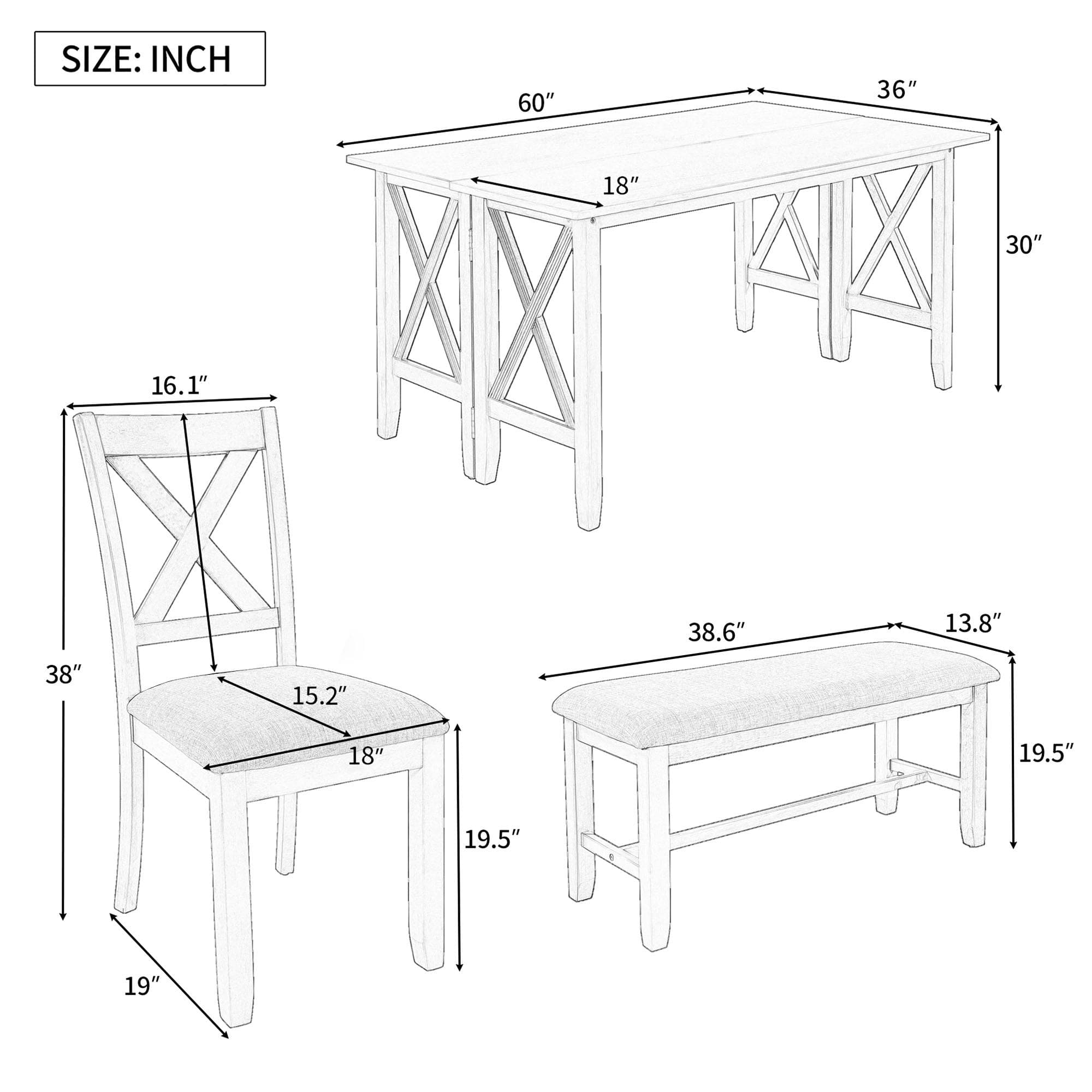 TREXM 6-Piece Family Dining Room Set Solid Wood Space Saving Foldable Table and 4 Chairs with Bench for Dining Room (Gray)