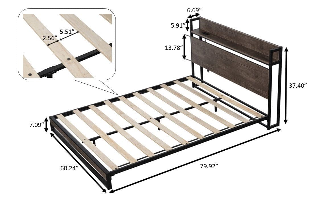 Platform Queen Bed with Socket, Fast Assemble Design