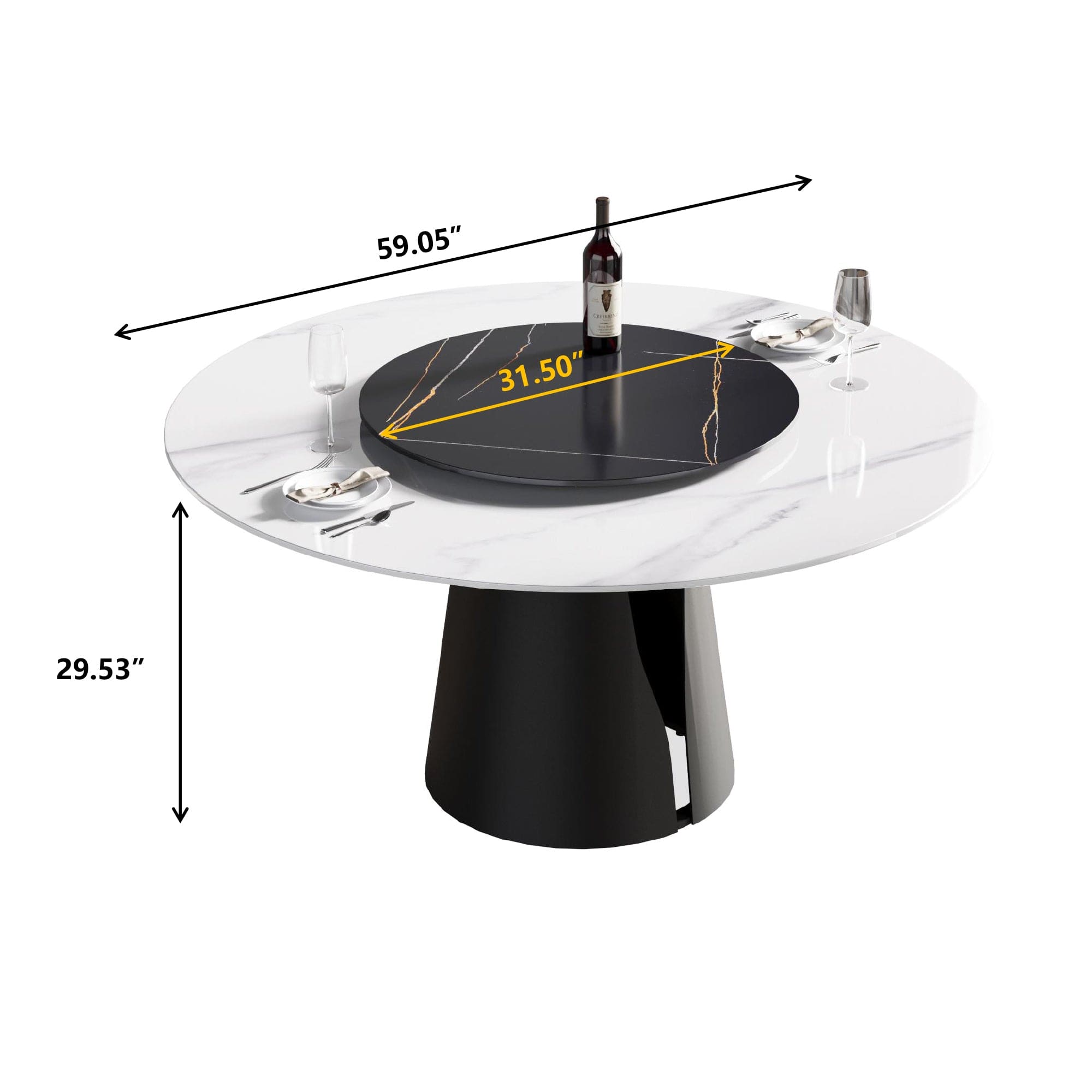 59.05"Modern artificial stone round black carbon steel base dining table-can accommodate 6 people-31.5"black artificial stone turntable