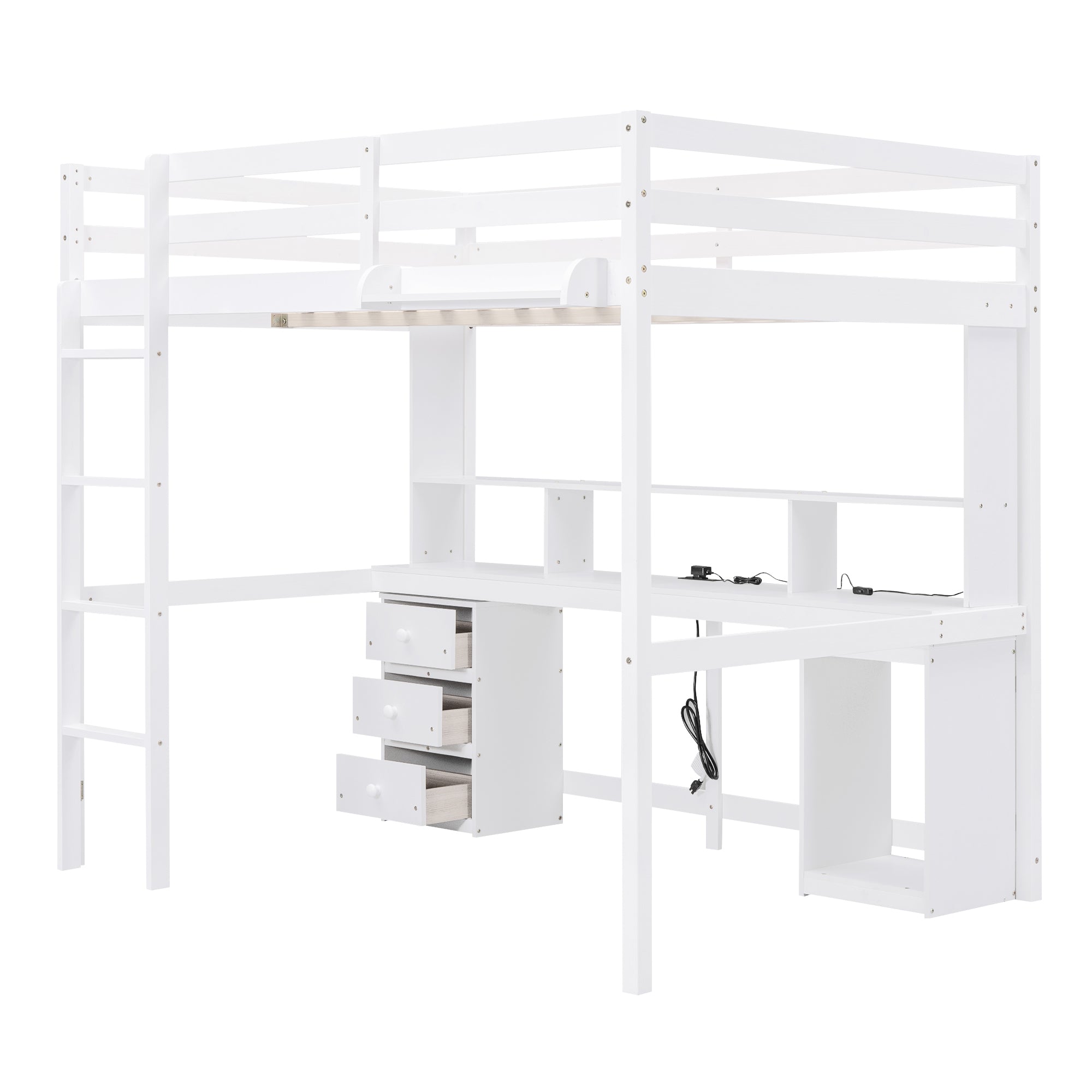 Full Size Loft Bed with Multi-storage Desk, LED light and Bedside Tray, Charging Station, White