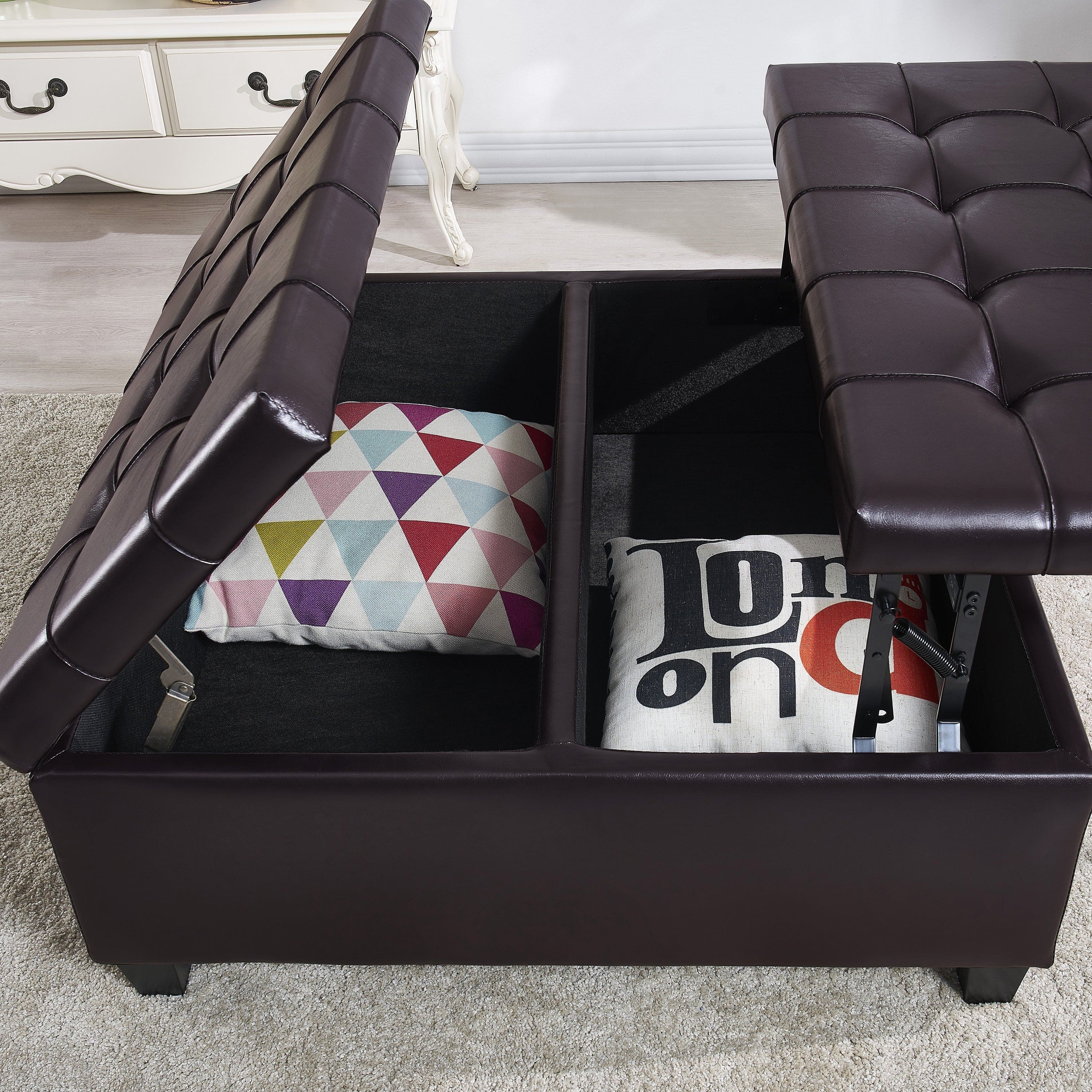 Large Square Faux Leather Storage Ottoman | Coffee table for Living Room & Bedroom (Dark Brown)