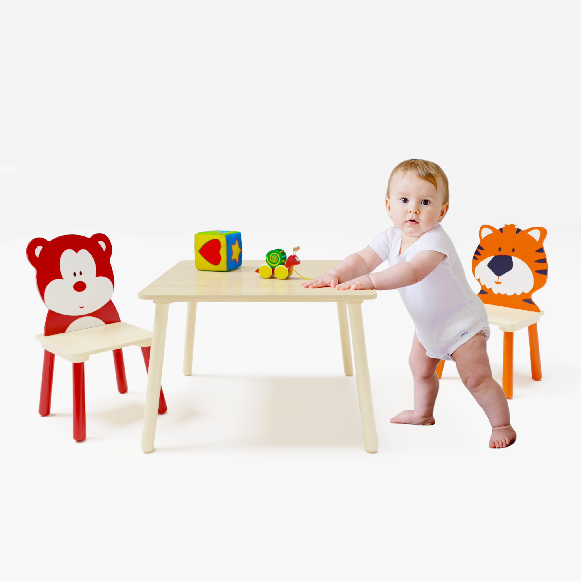 Kids Table and 2 Chairs Set, 3 Pieces Toddler Table and Chair Set, Wooden Activity Play Table Set (Bear&Tiger)