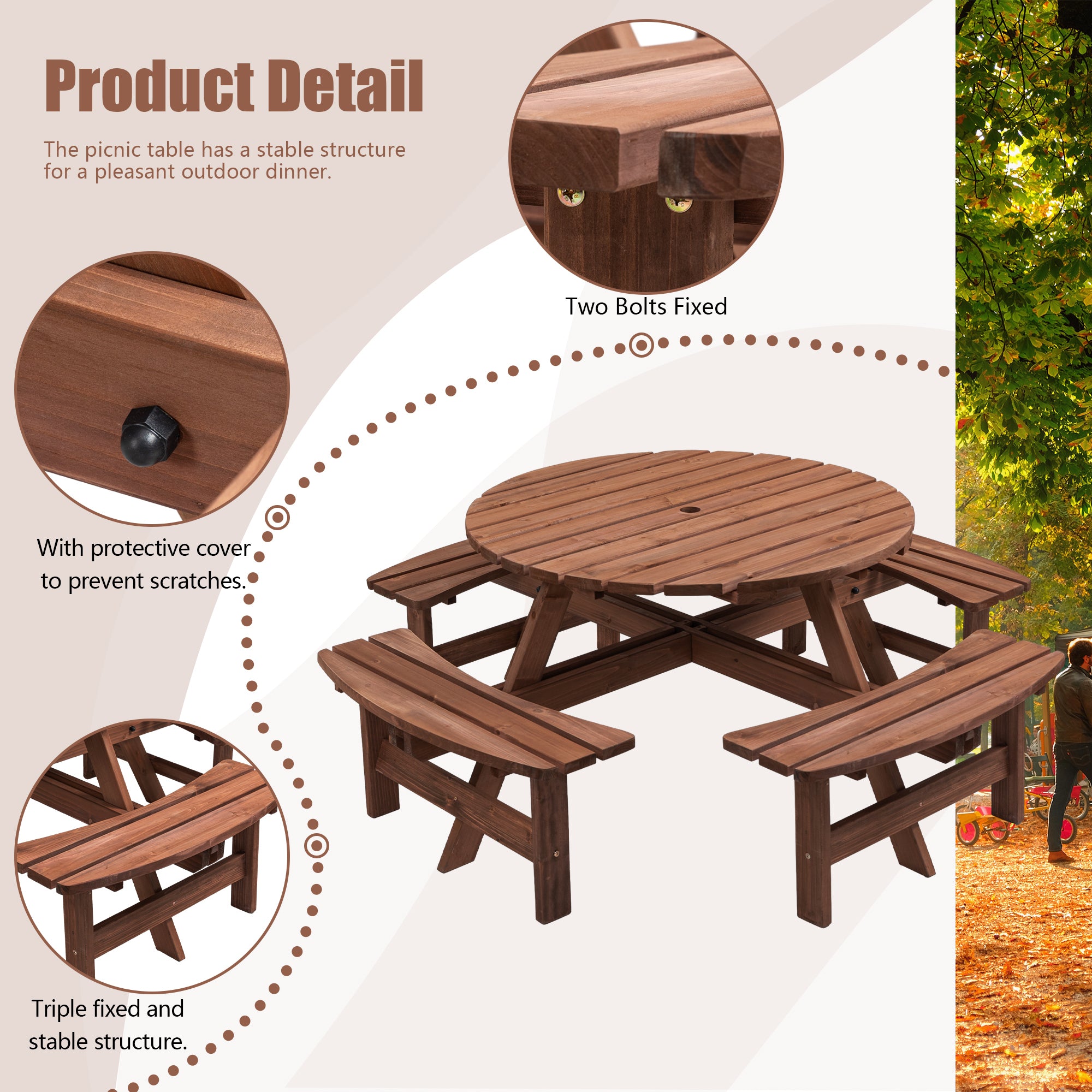 8 Person Wooden Picnic Table, Outdoor Camping Dining Table with Seat, Garden, DIY w/ 4 Built-in Benches, 2220lb Capacity