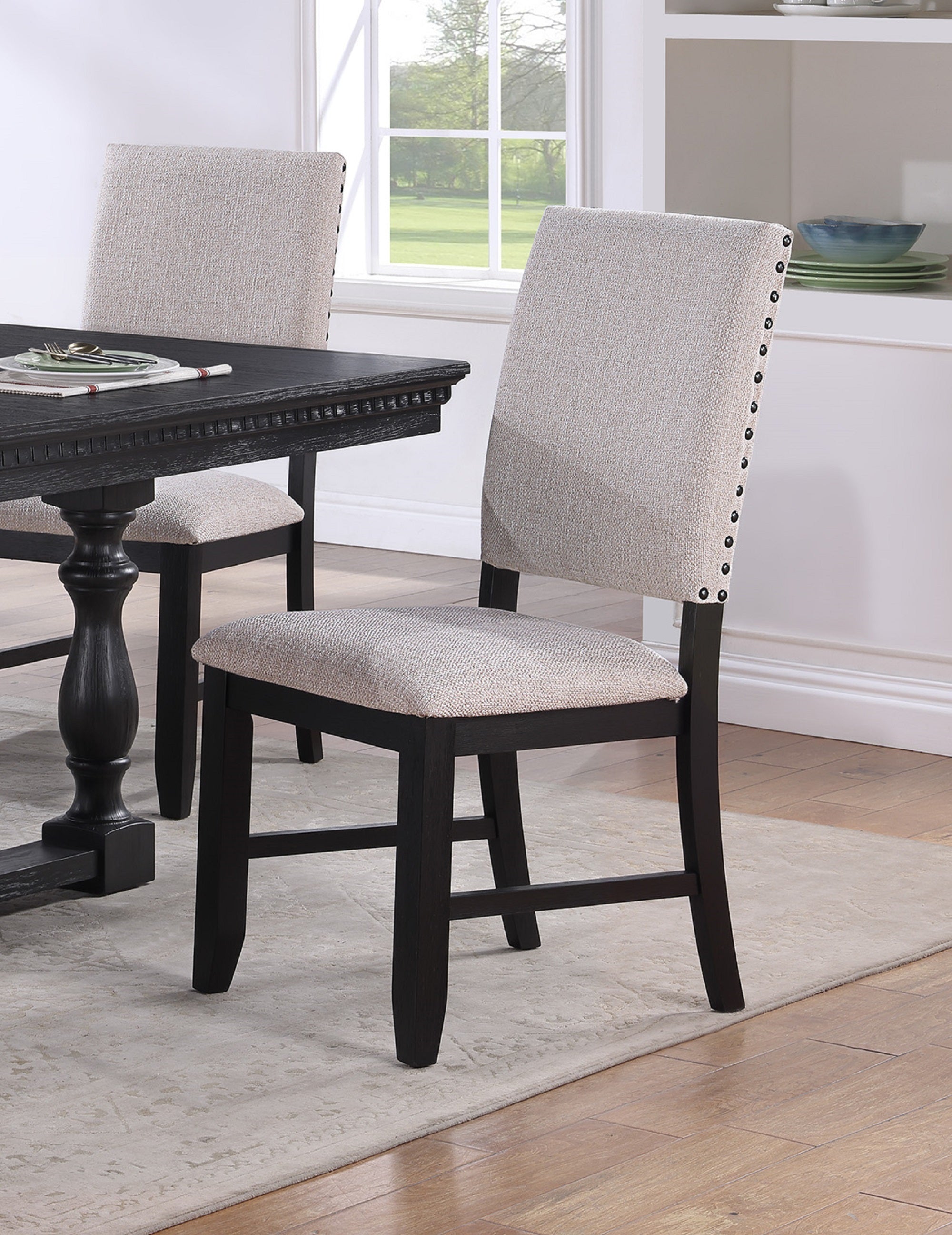 Transitional Relaxed Vintage Style 2pc Warm Charcoal Black Finish Finish Nailhead Trim Side Chairs Standard Height Dining Chairs Fabric Upholstery