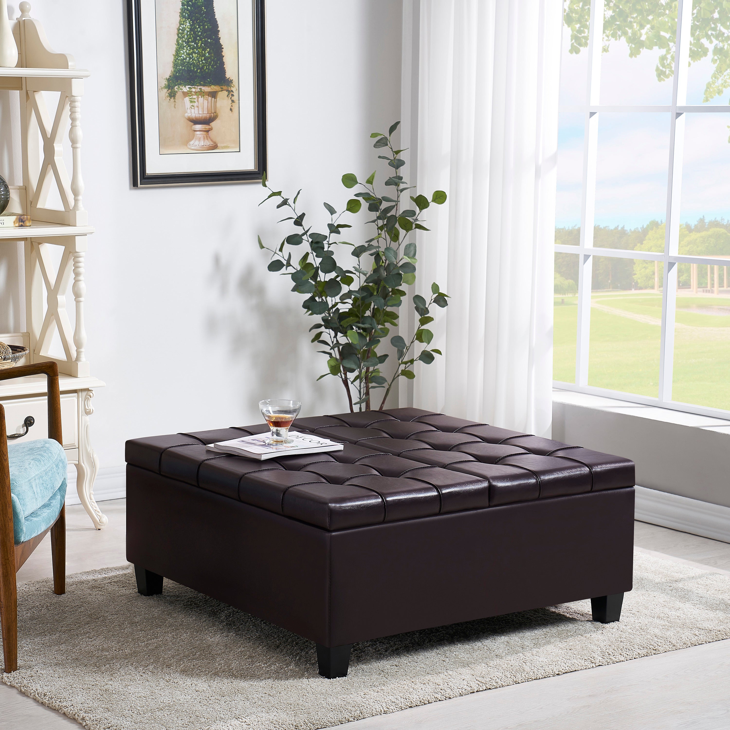 Large Square Faux Leather Storage Ottoman | Coffee table for Living Room & Bedroom (Dark Brown)