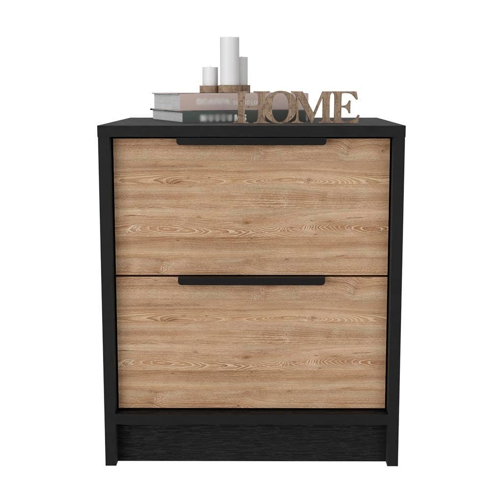 Nightstand Cervants, Two Drawers, Metal Handle, Black wengue / Pine Finish