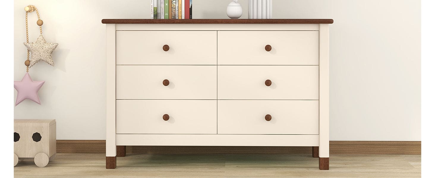 Wooden Storage Dresser with 6 Drawers,Storage Cabinet for kids Bedroom,Cream+Walnut