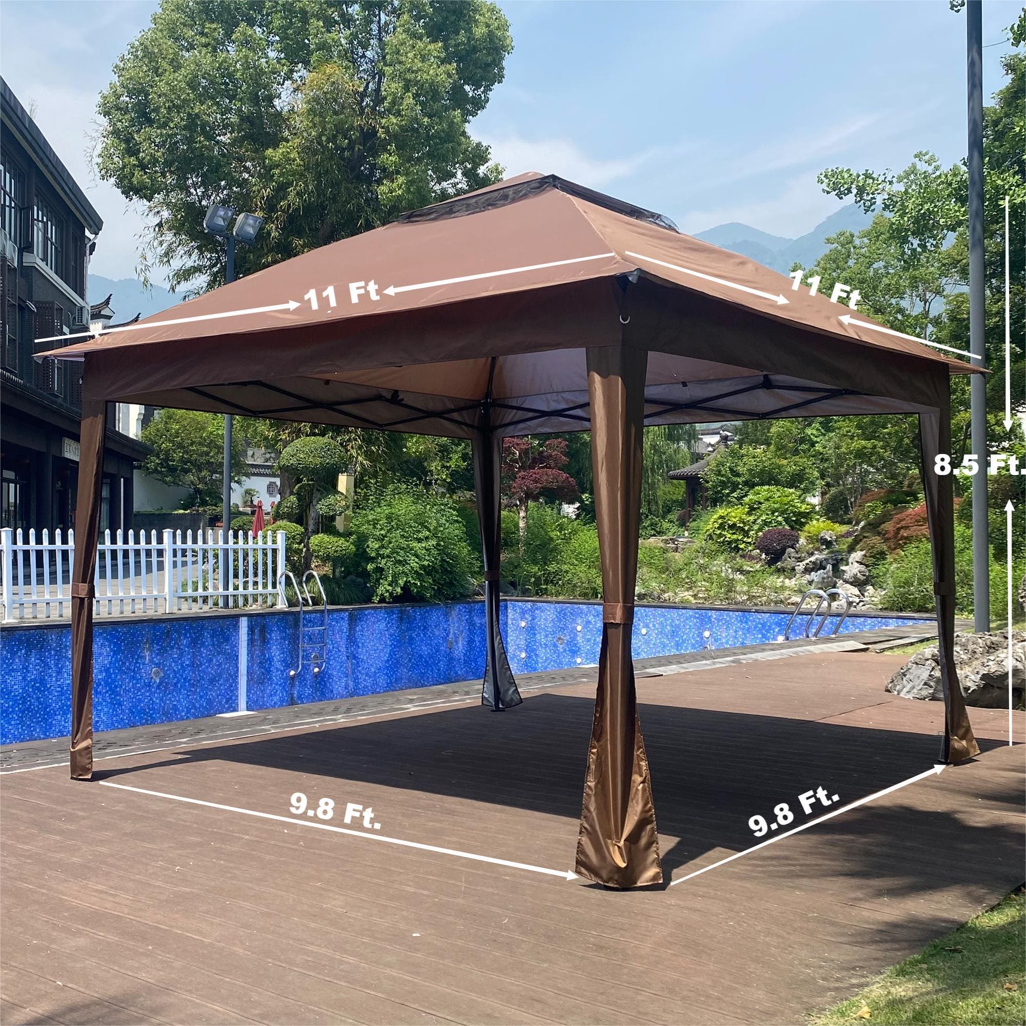 Outdoor 11x 11Ft Pop Up Gazebo Canopy With Removable Zipper Netting,2-Tier Soft Top Event Tent,Suitable For Patio Backyard Garden Camping Area with 4 Sandbags,Brown