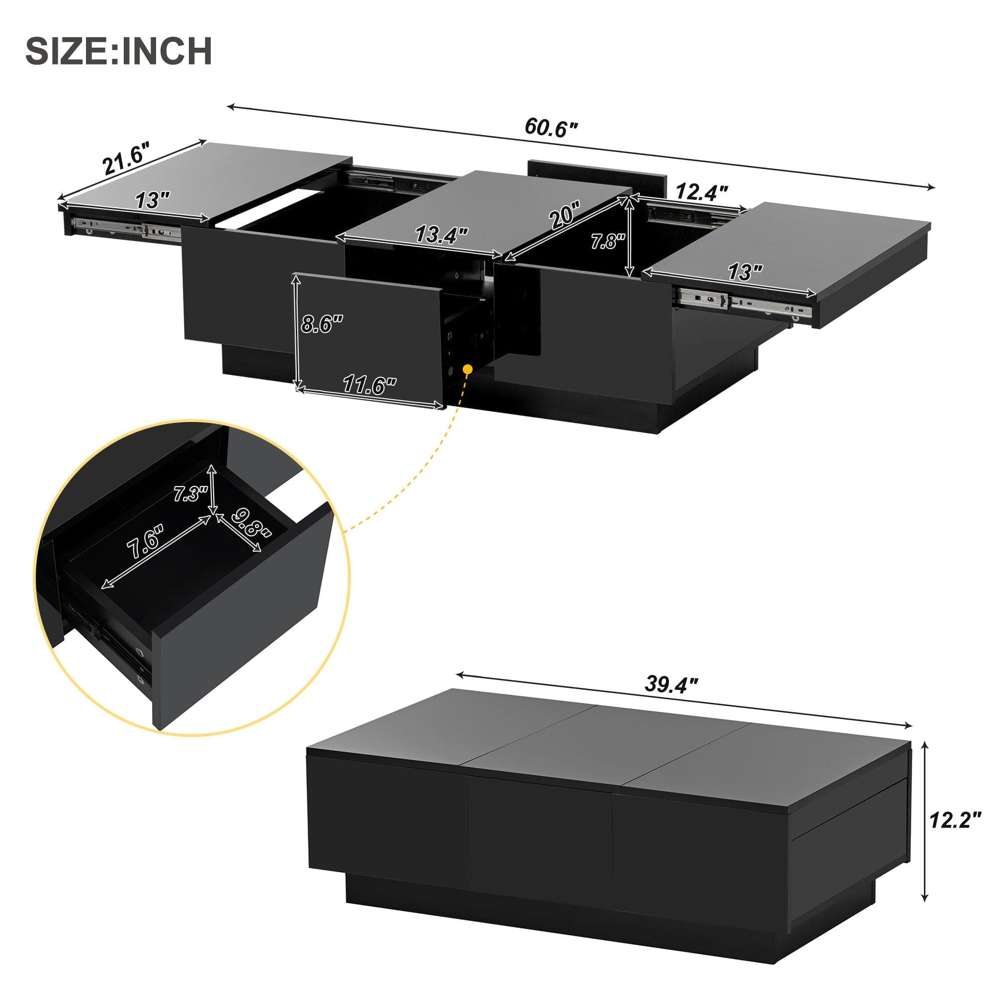 ON-TREND Multifunctional Coffee Table with 2 large Hidden Storage Compartment, Extendable Cocktail Table with 2 Drawers, High-gloss Center Table with Sliding Top for Living Room, 39.3"x21.6", Black