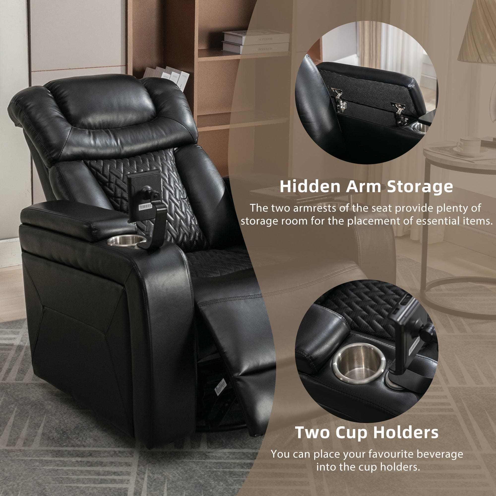 270 Degree Swivel PU Leather Power Recliner Individual Seat Home Theater Recliner with  Comforable Backrest, Tray Table,  Phone Holder, Cup Holder,  USB Port, Hidden Arm Storage for Living Room, Black