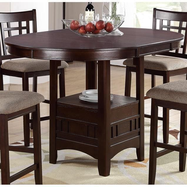 Contemporary Dining Room Counter height 5pc Dining Set Round Table w Leaf & 4x Side Chairs Dark Rosy Brown Finish Solid wood