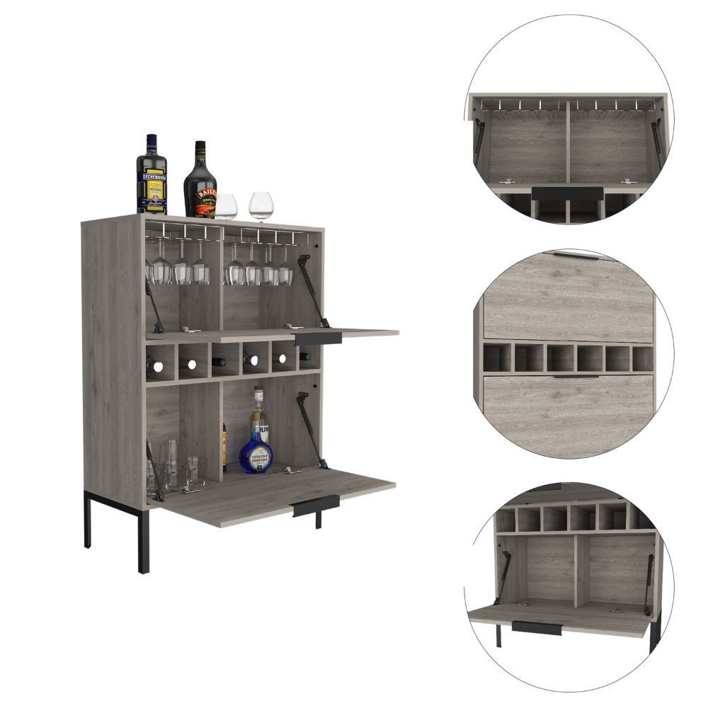 Bar Cabinet Puertu, Six Wine Cubbies, Double Door Cabinet, Light Gray Finish