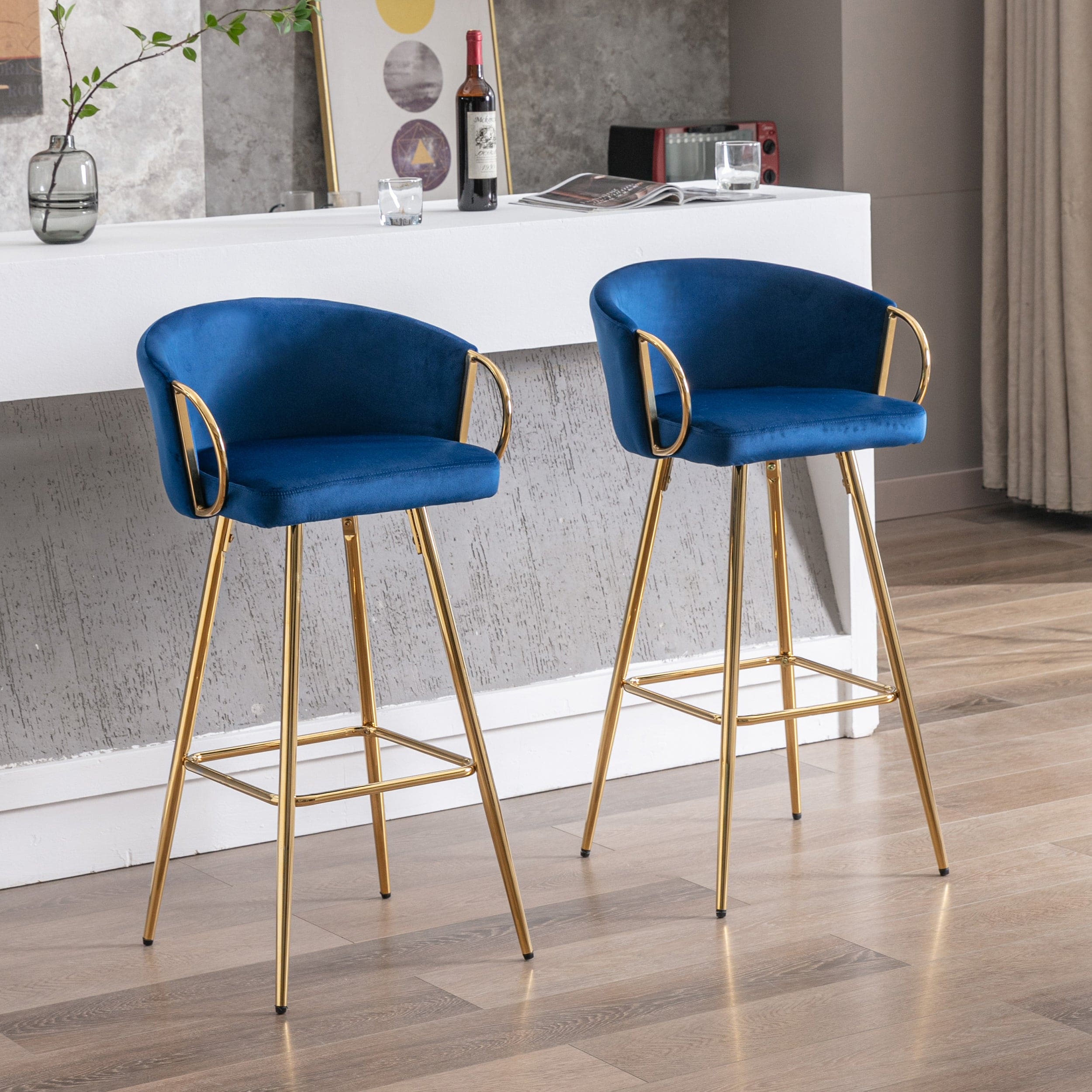 30 Inch Set of 2 Bar Stools,with Chrome Footrest and Base Velvet + Golden Leg Simple Bar Stool,BLUE